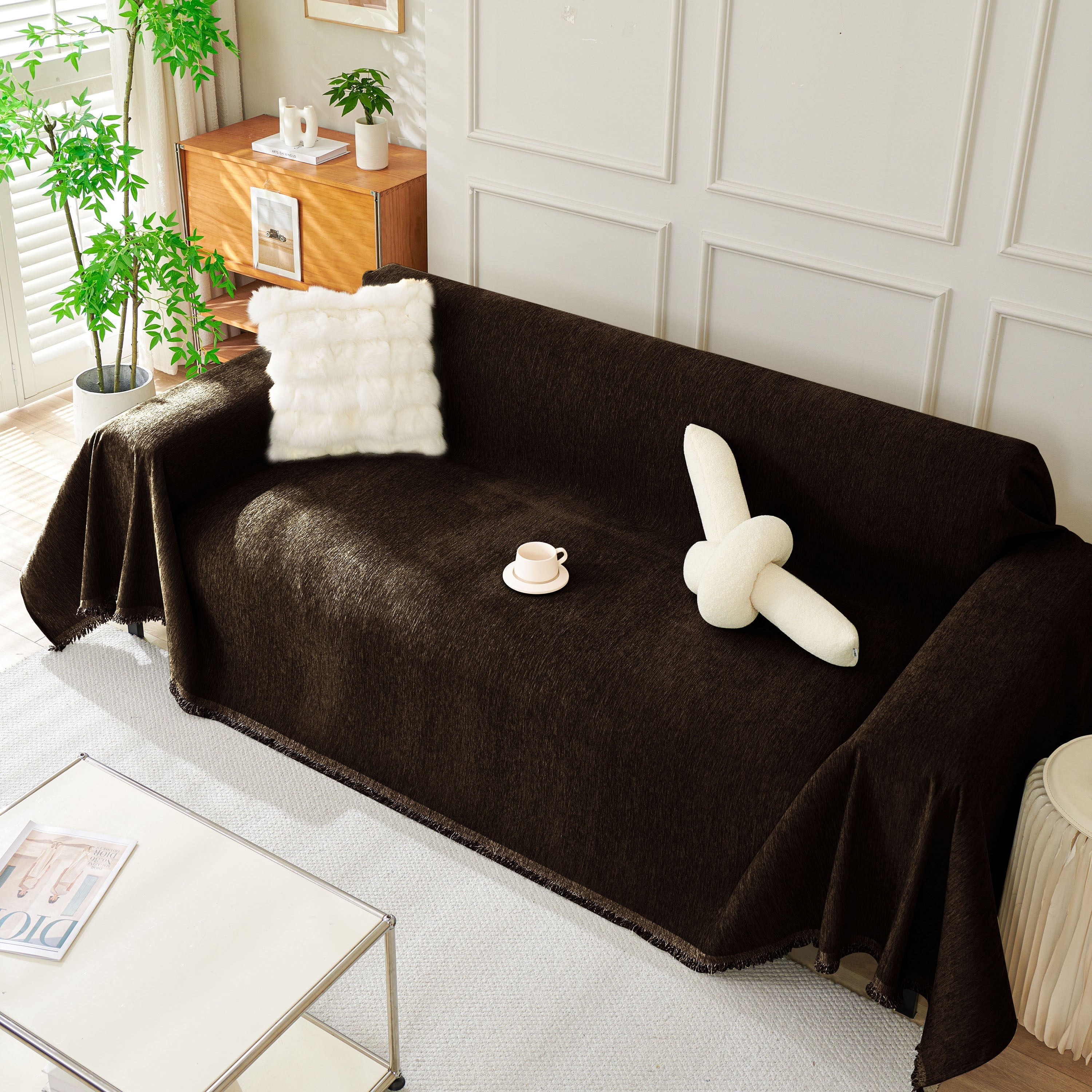 Solid Chenille Sofa Throw with Fringe Trim