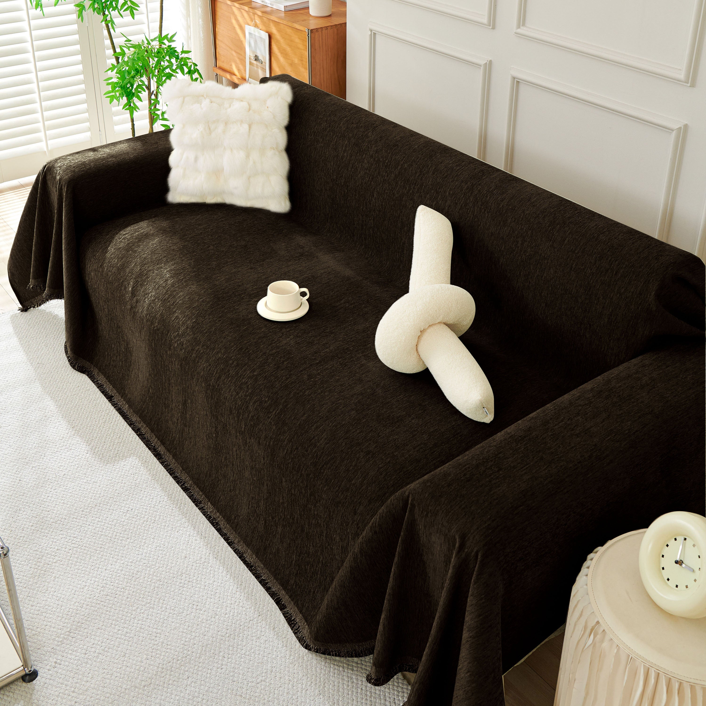 Solid Chenille Sofa Throw with Fringe Trim