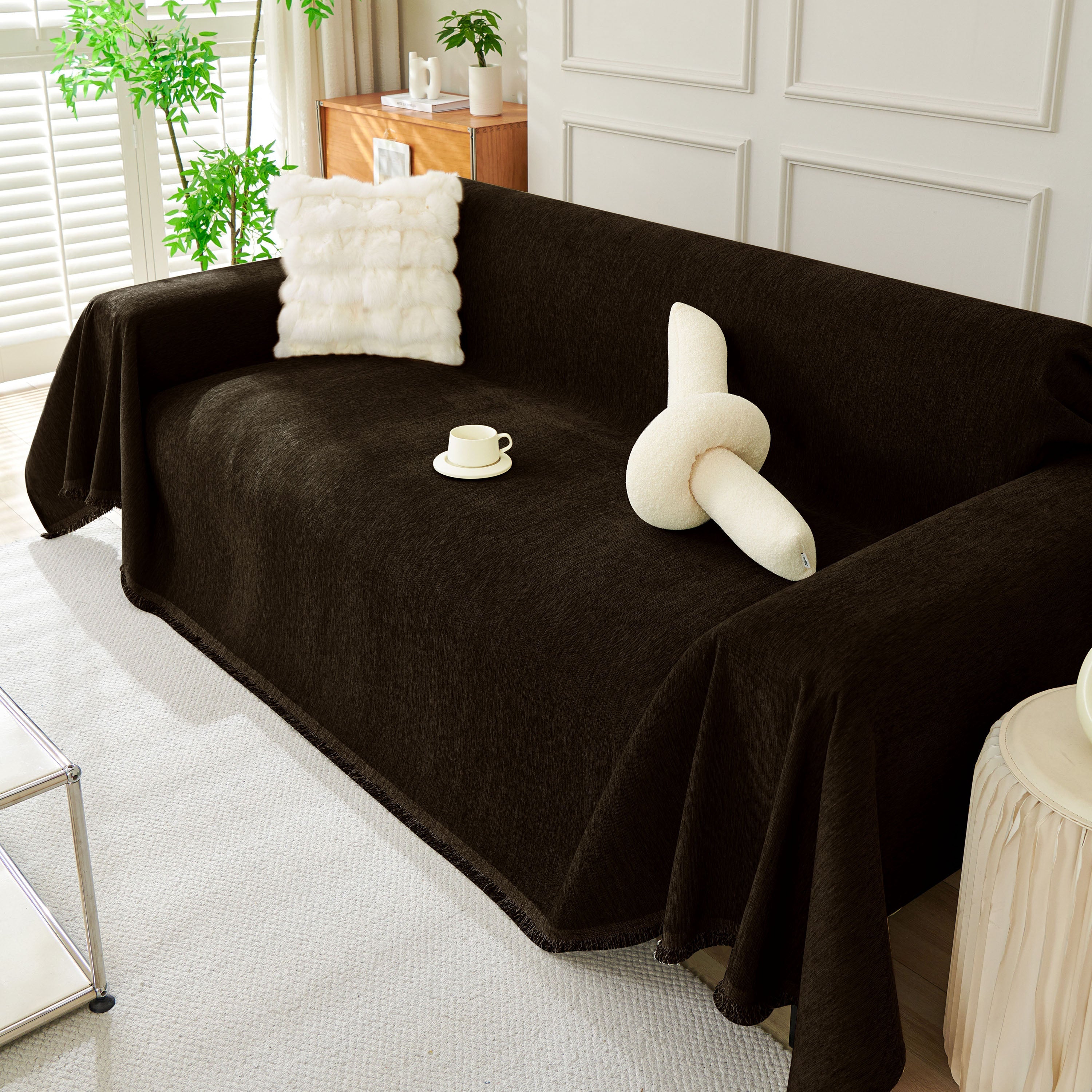 Solid Chenille Sofa Throw with Fringe Trim