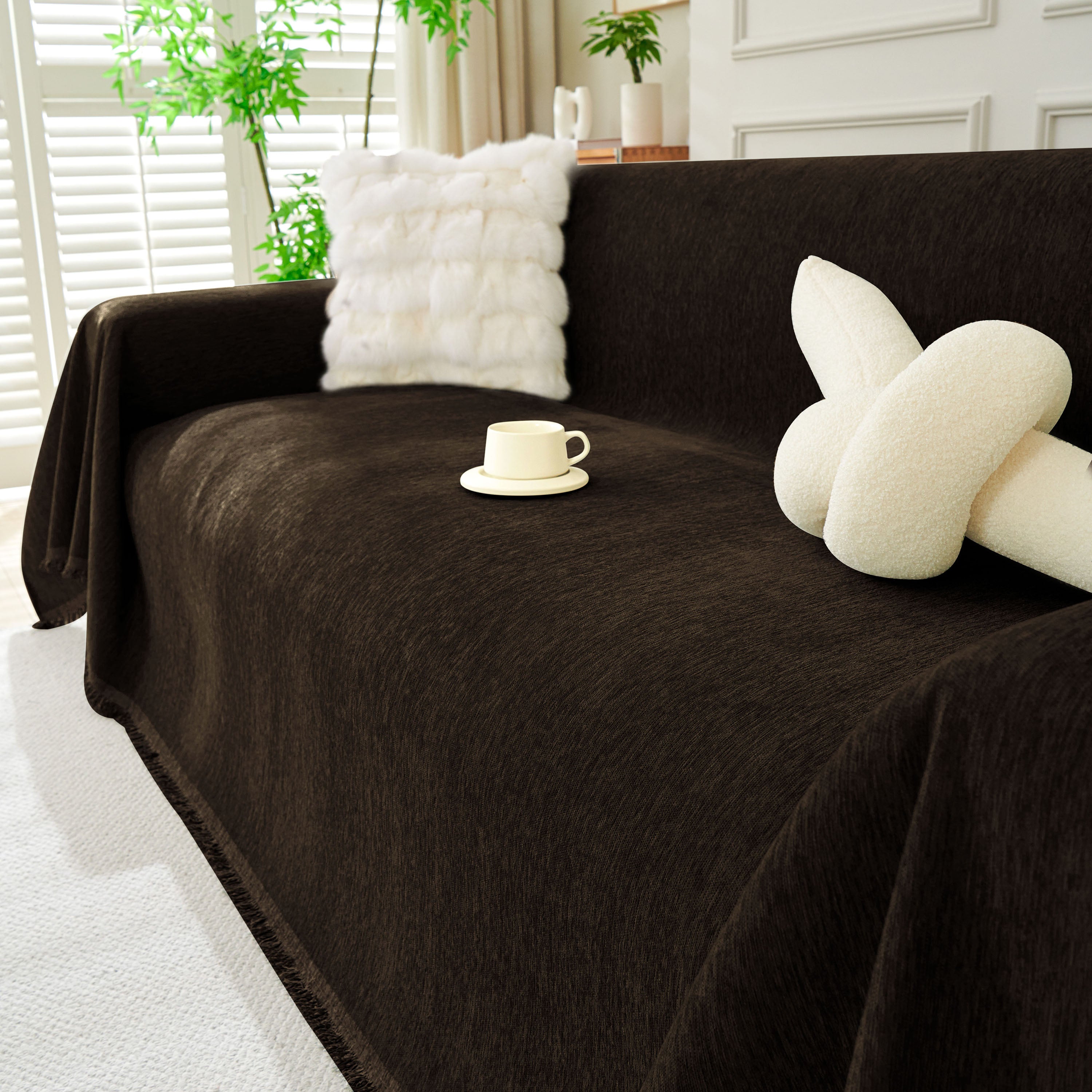 Solid Chenille Sofa Throw with Fringe Trim