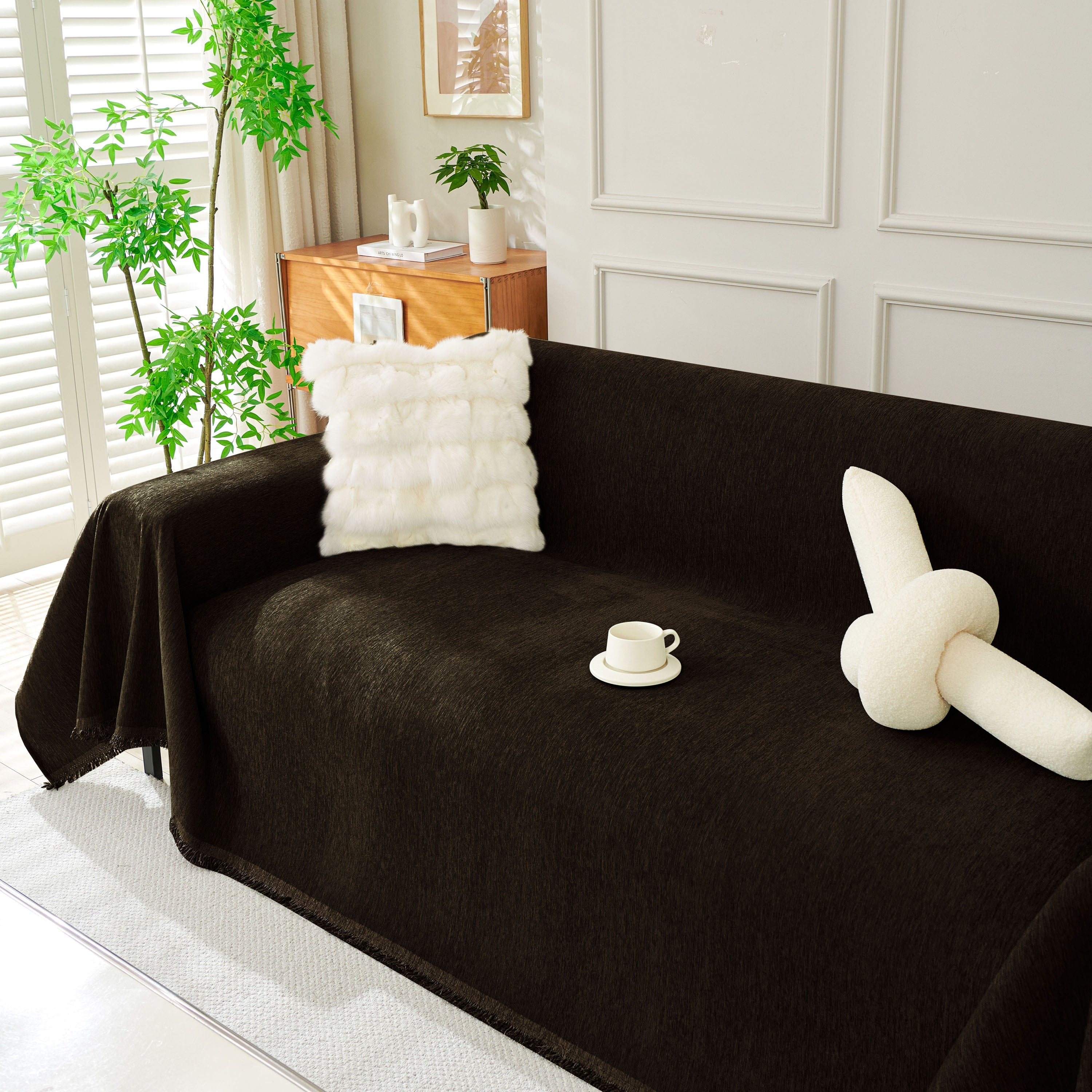 Solid Chenille Sofa Throw with Fringe Trim