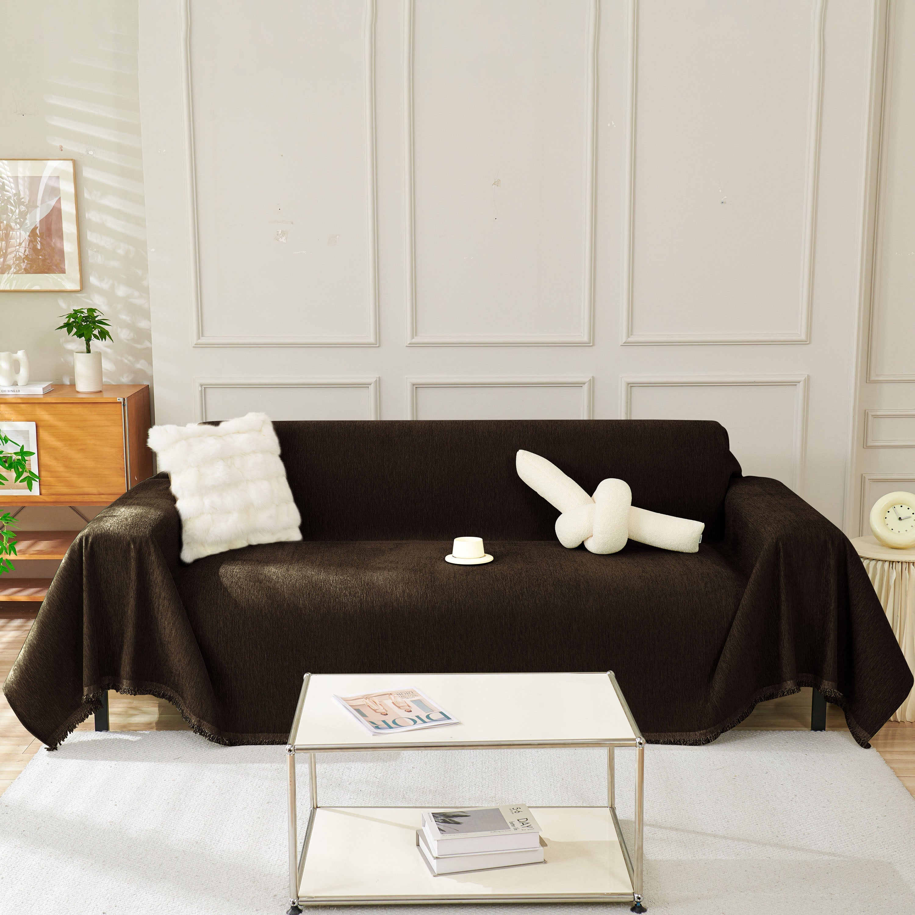 Solid Chenille Sofa Throw with Fringe Trim