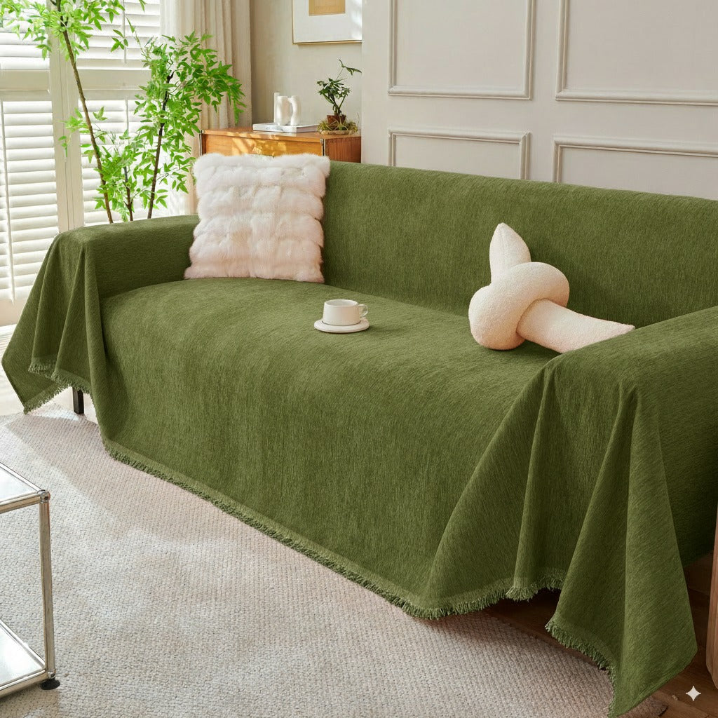 Solid Chenille Sofa Throw with Fringe Trim