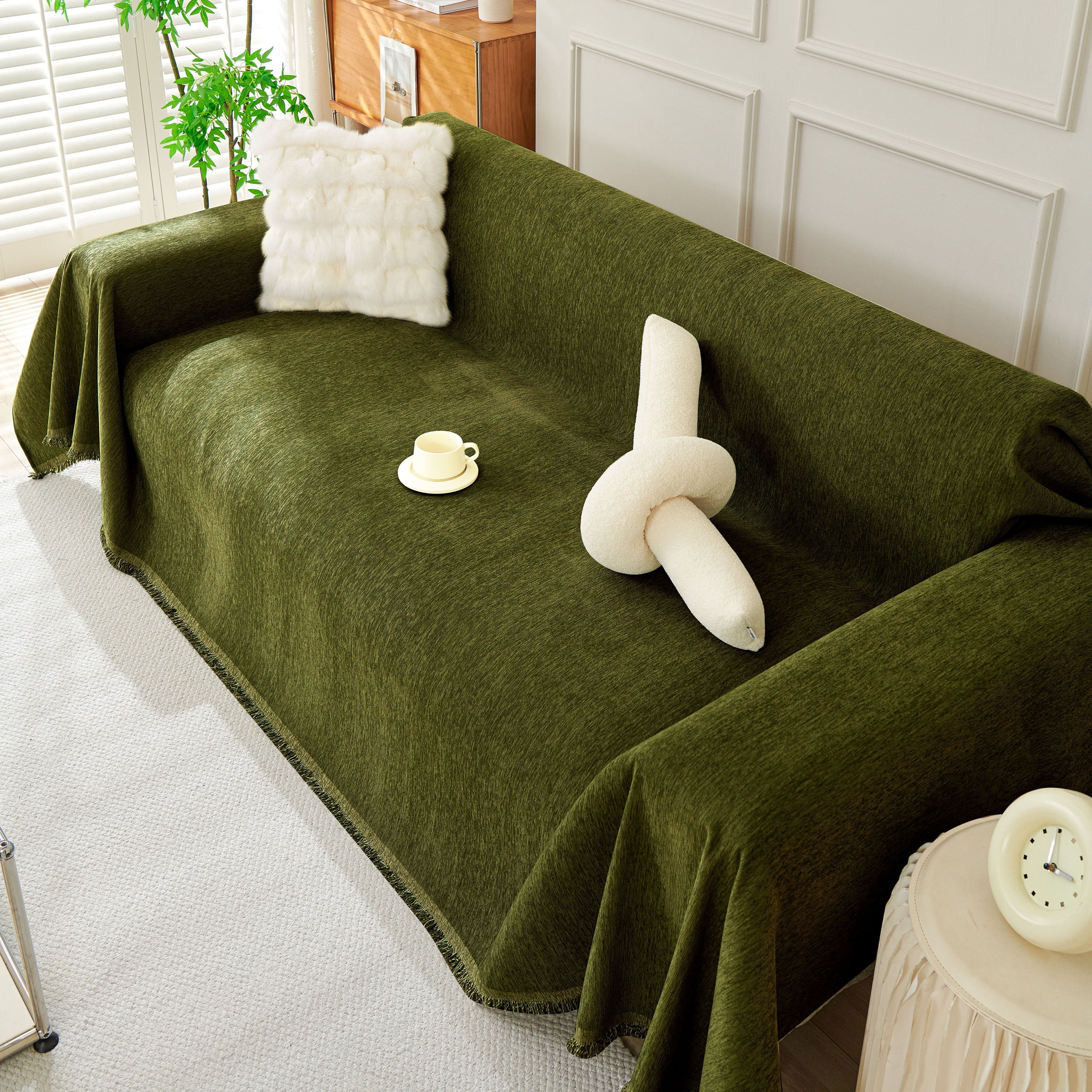 Solid Chenille Sofa Throw with Fringe Trim