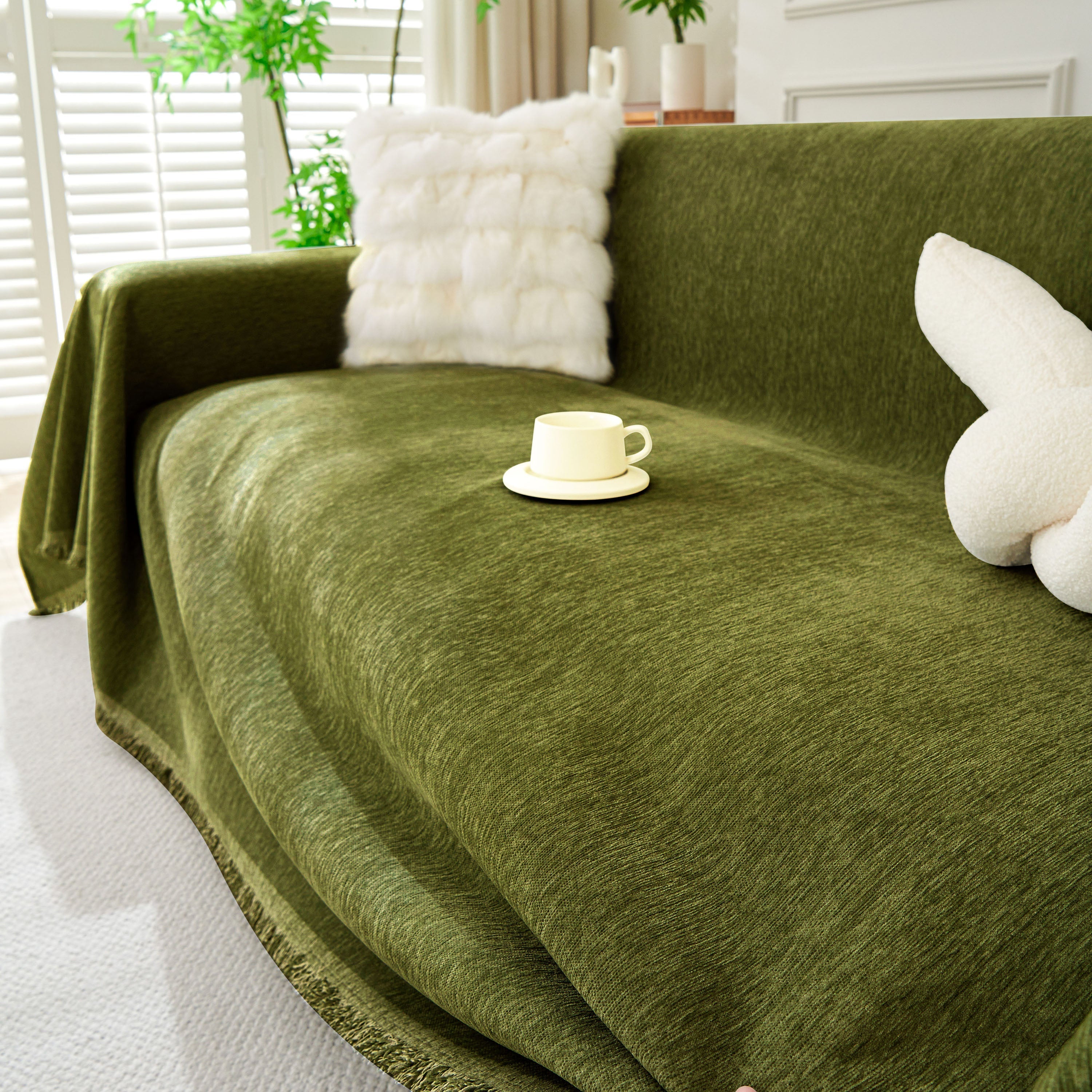 Solid Chenille Sofa Throw with Fringe Trim
