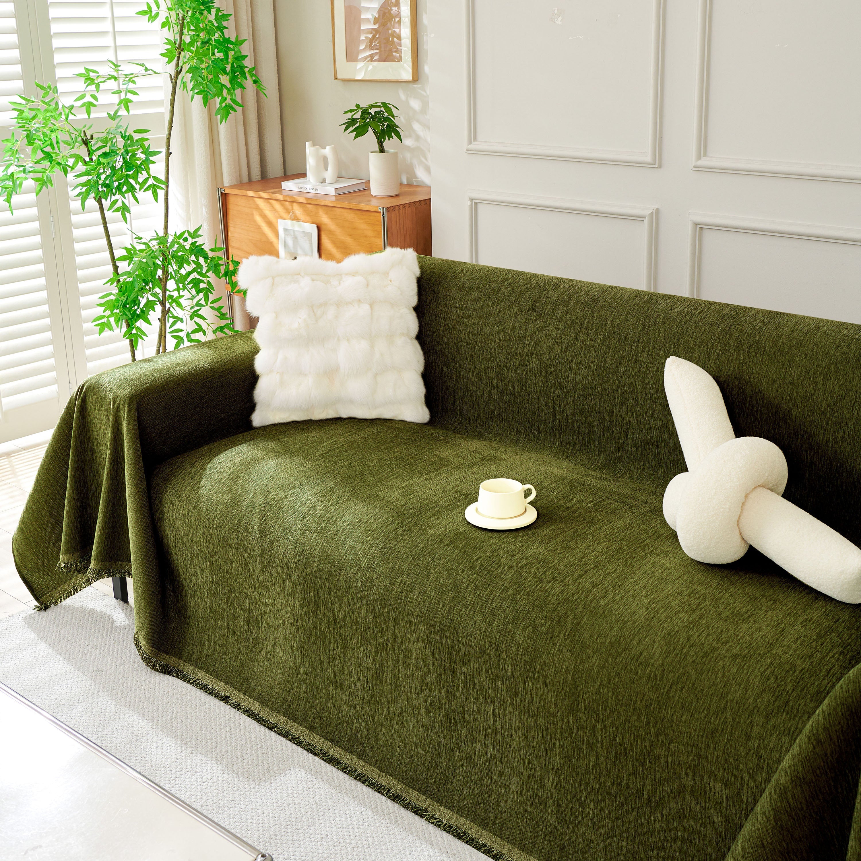 Solid Chenille Sofa Throw with Fringe Trim