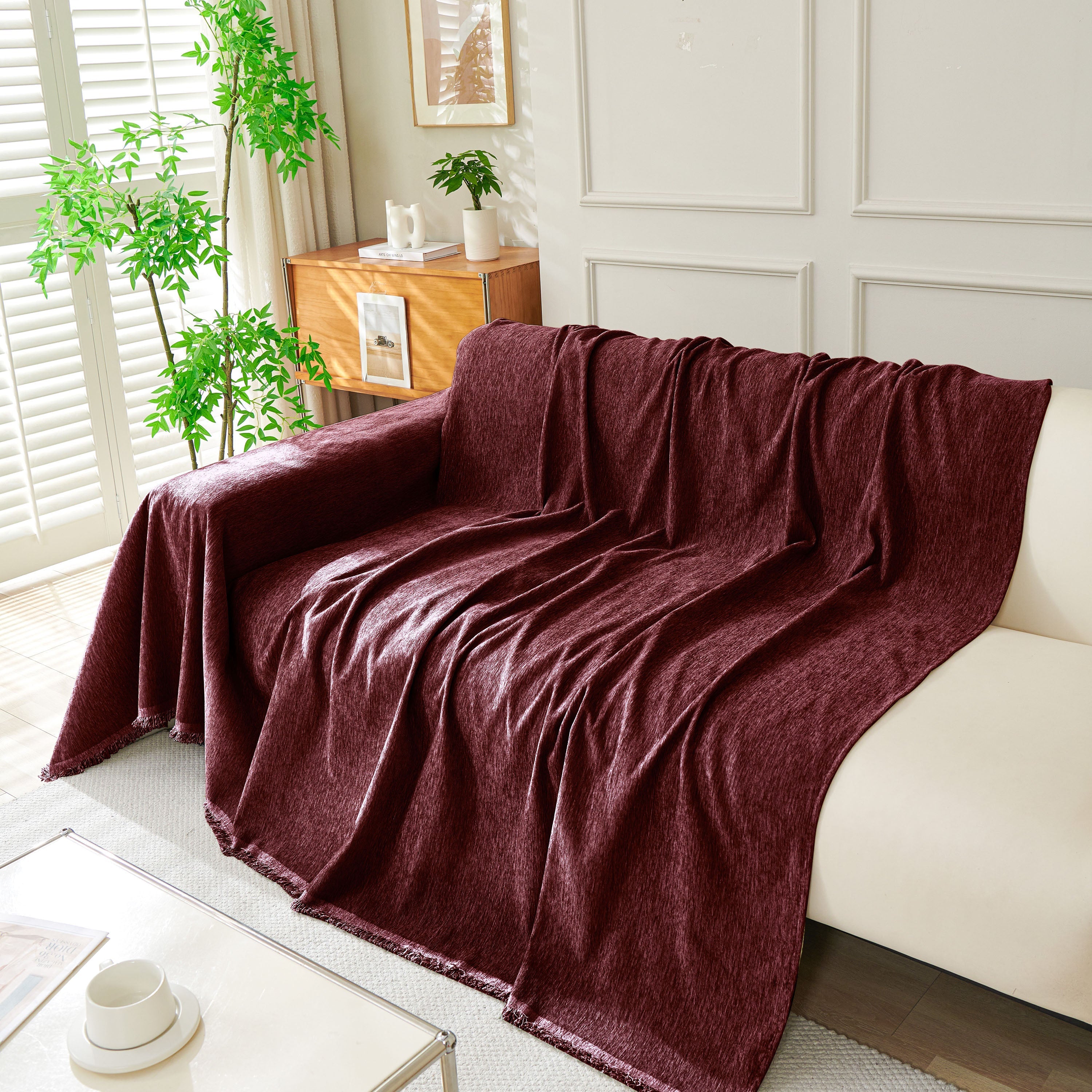 Solid Chenille Sofa Throw with Fringe Trim