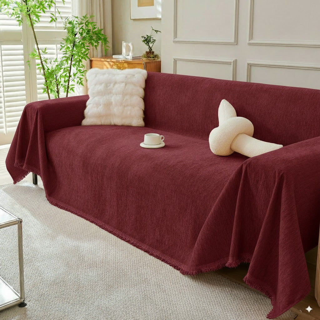 Solid Chenille Sofa Throw with Fringe Trim