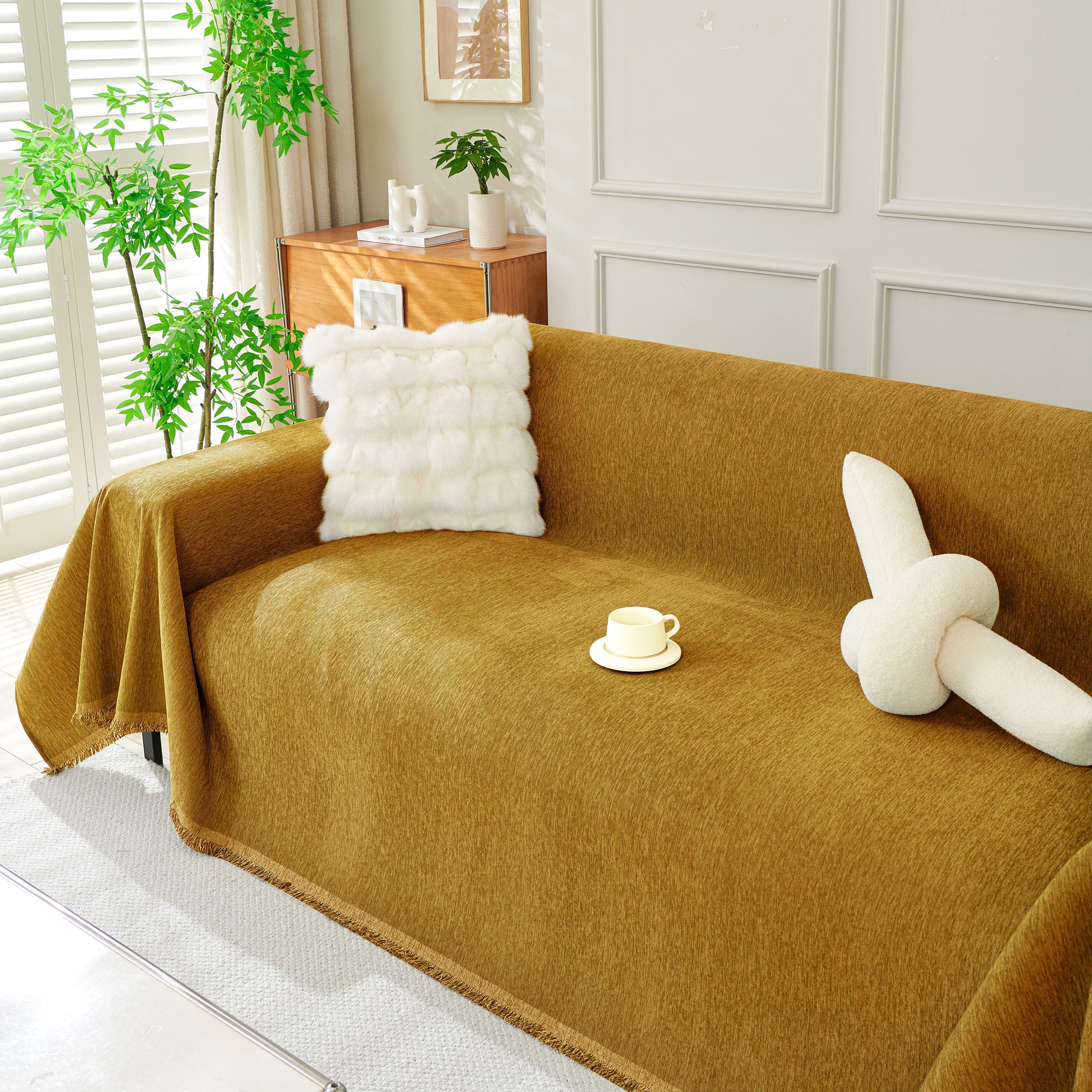 Solid Chenille Sofa Throw with Fringed Edge