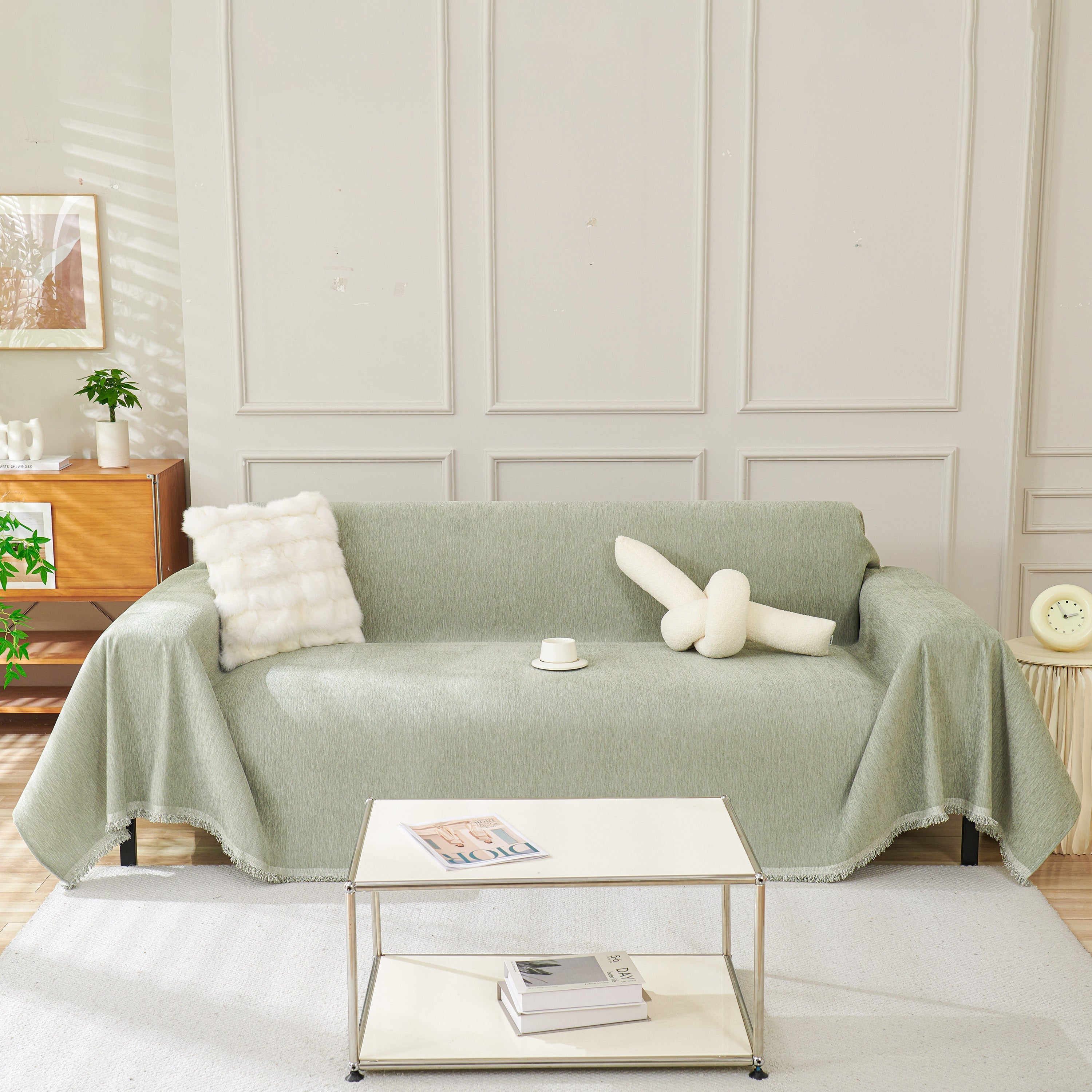 Solid Chenille Sofa Throw with Fringed Edge
