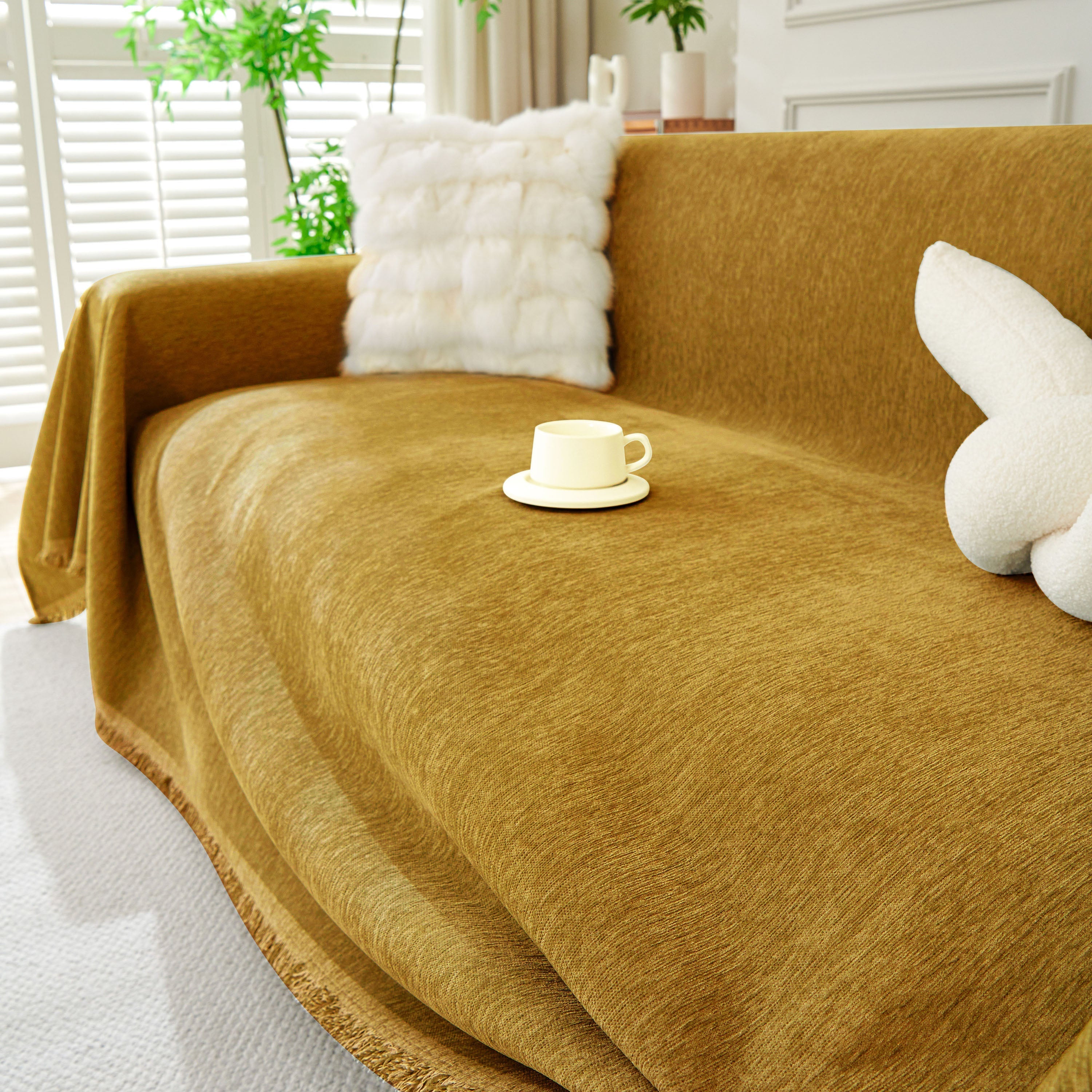 Solid Chenille Sofa Throw with Fringed Edge