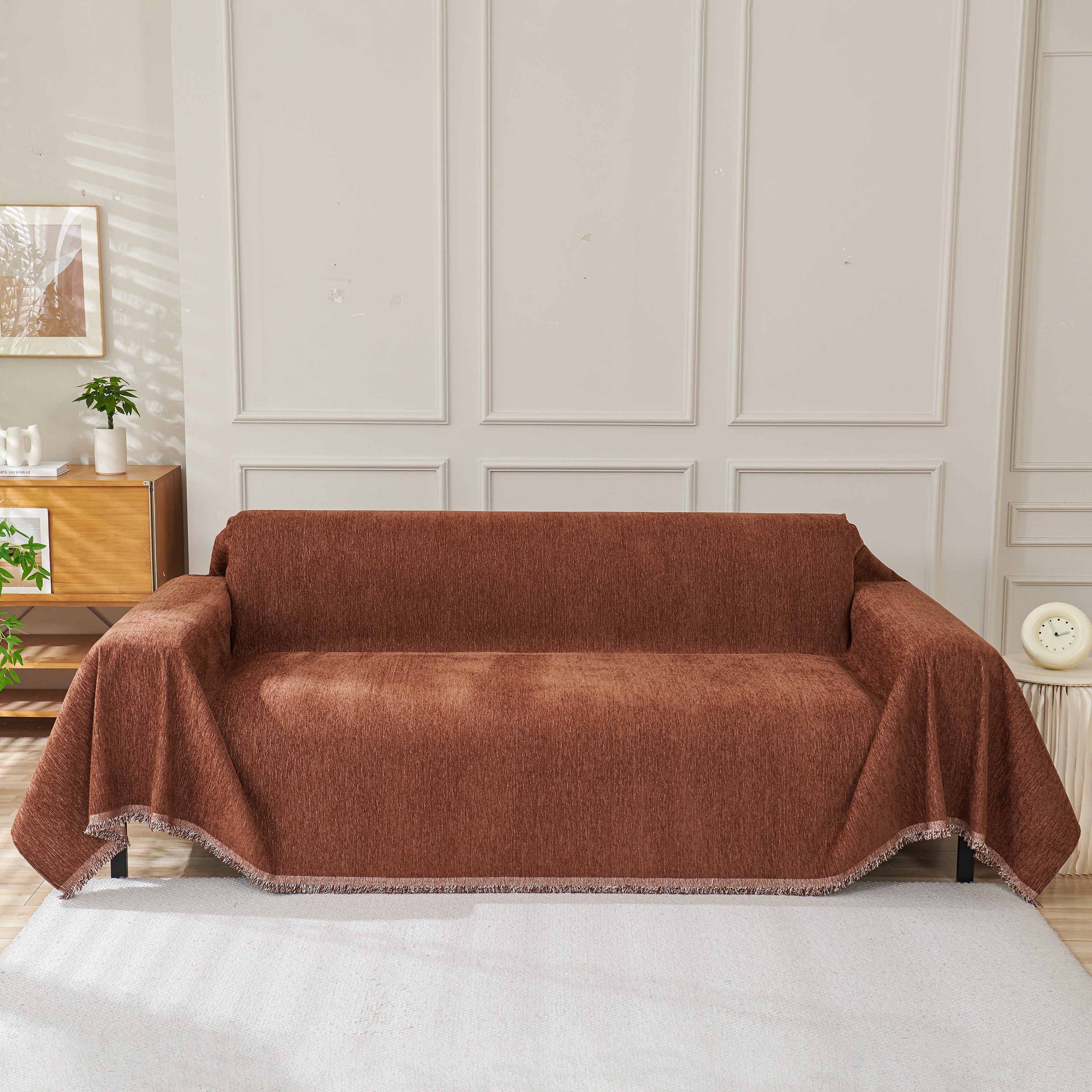 Solid Chenille Sofa Throw with Fringed Edge