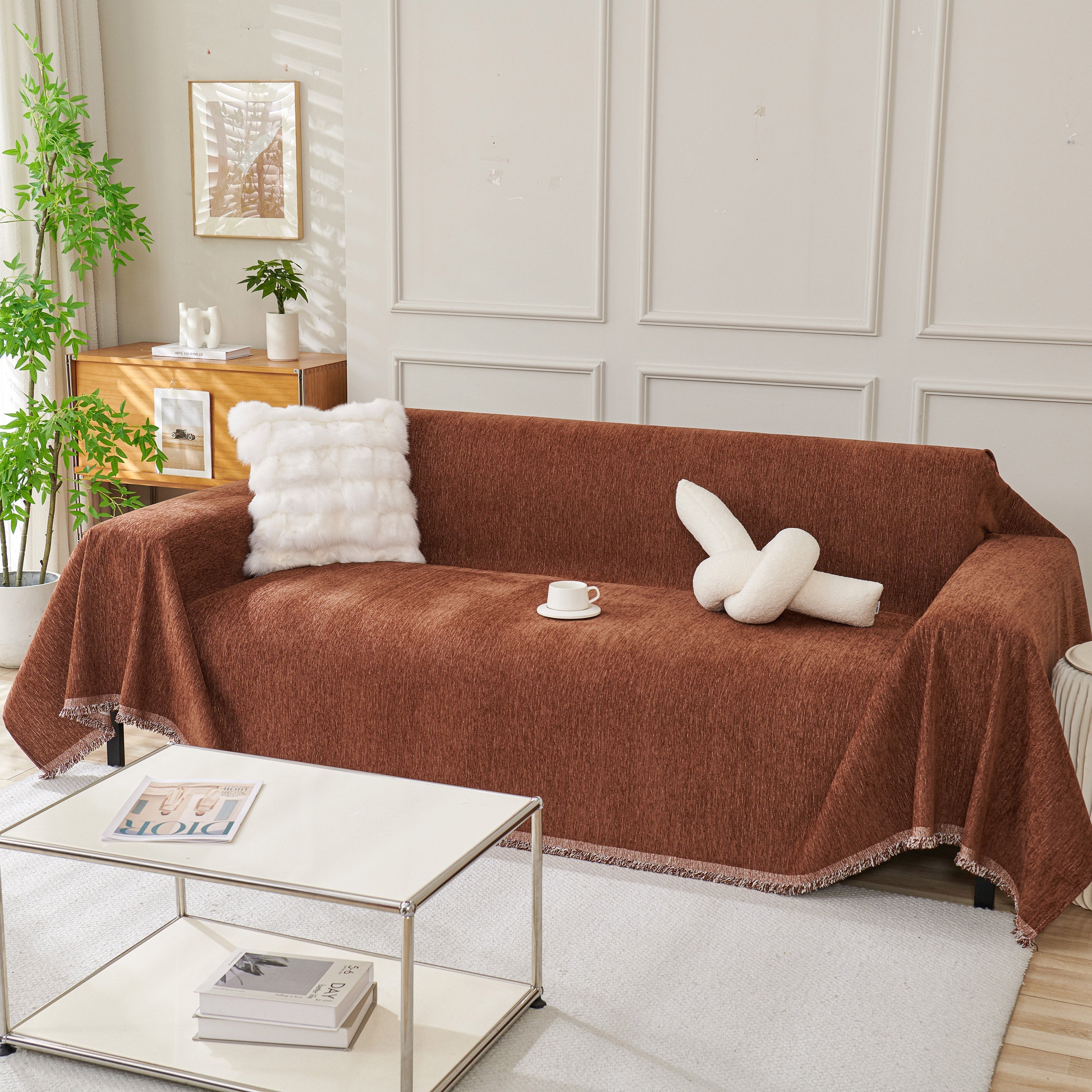 Solid Chenille Sofa Throw with Fringed Edge