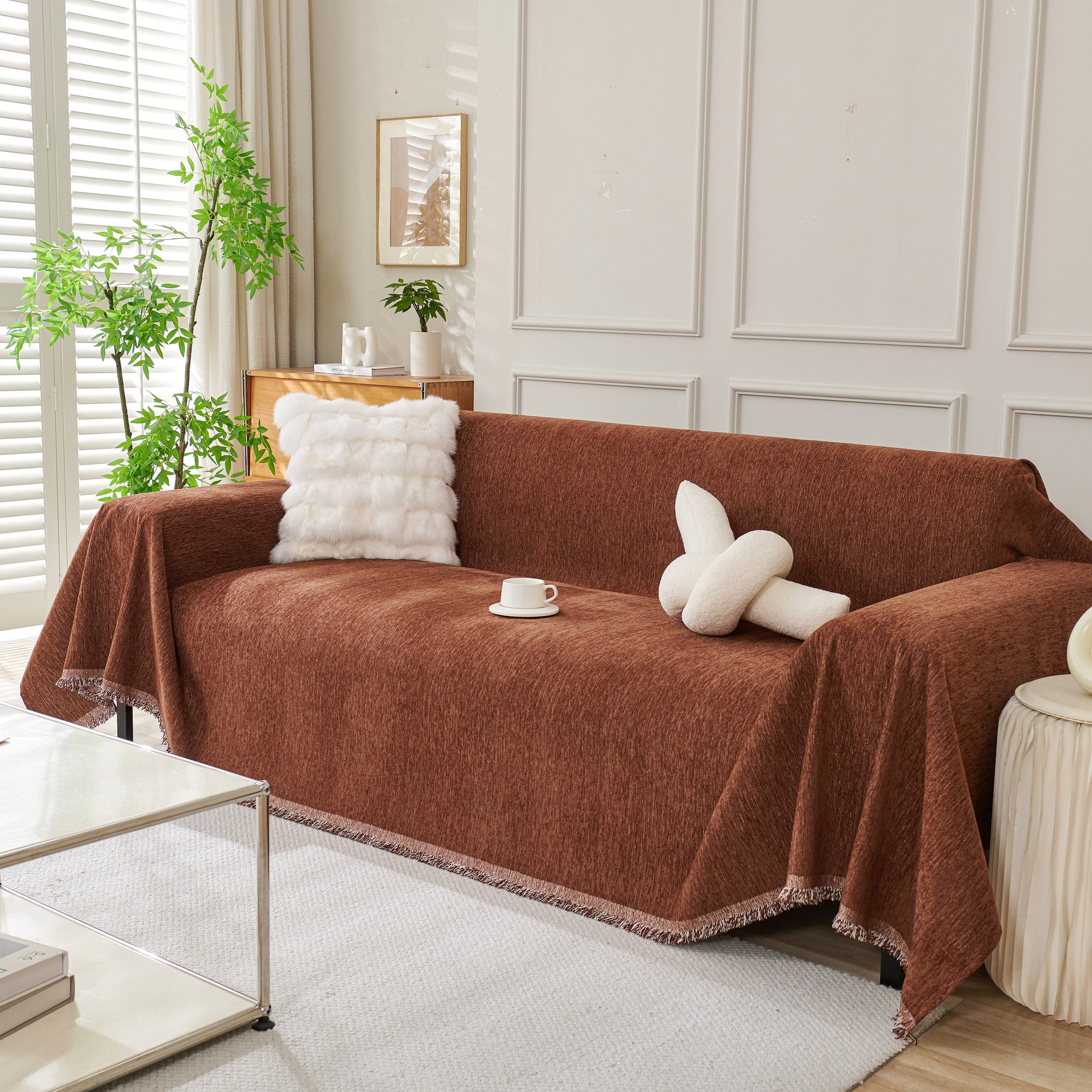 Solid Chenille Sofa Throw with Fringed Edge
