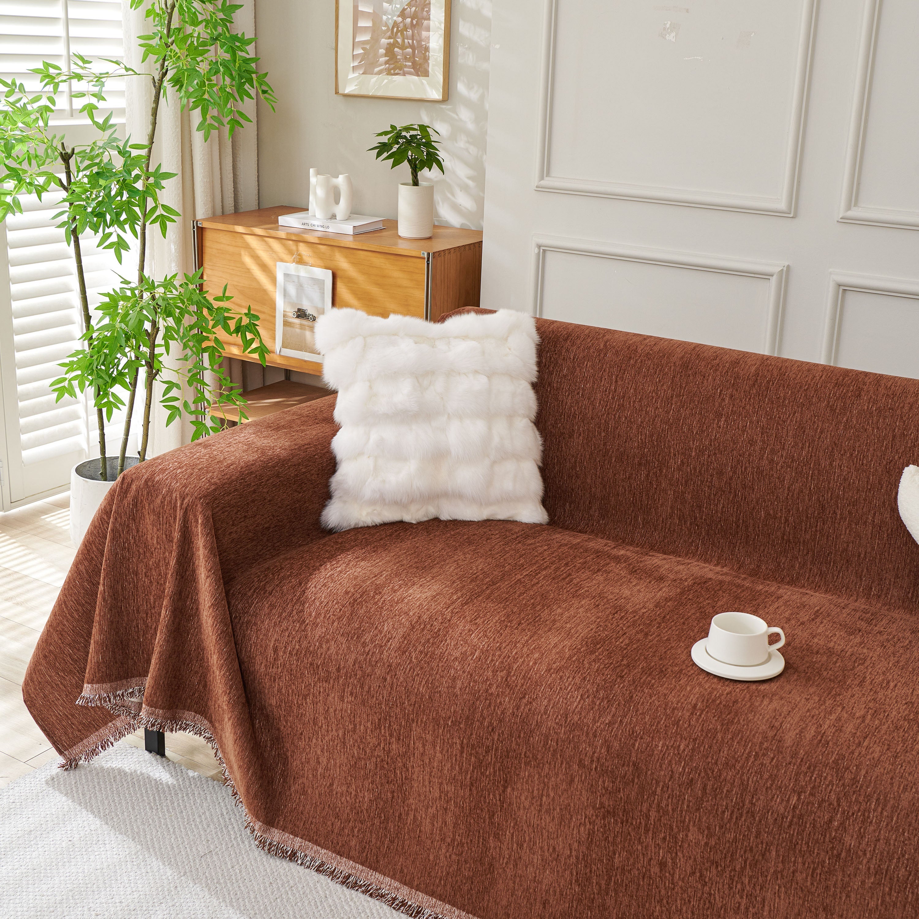 Solid Chenille Sofa Throw with Fringed Edge