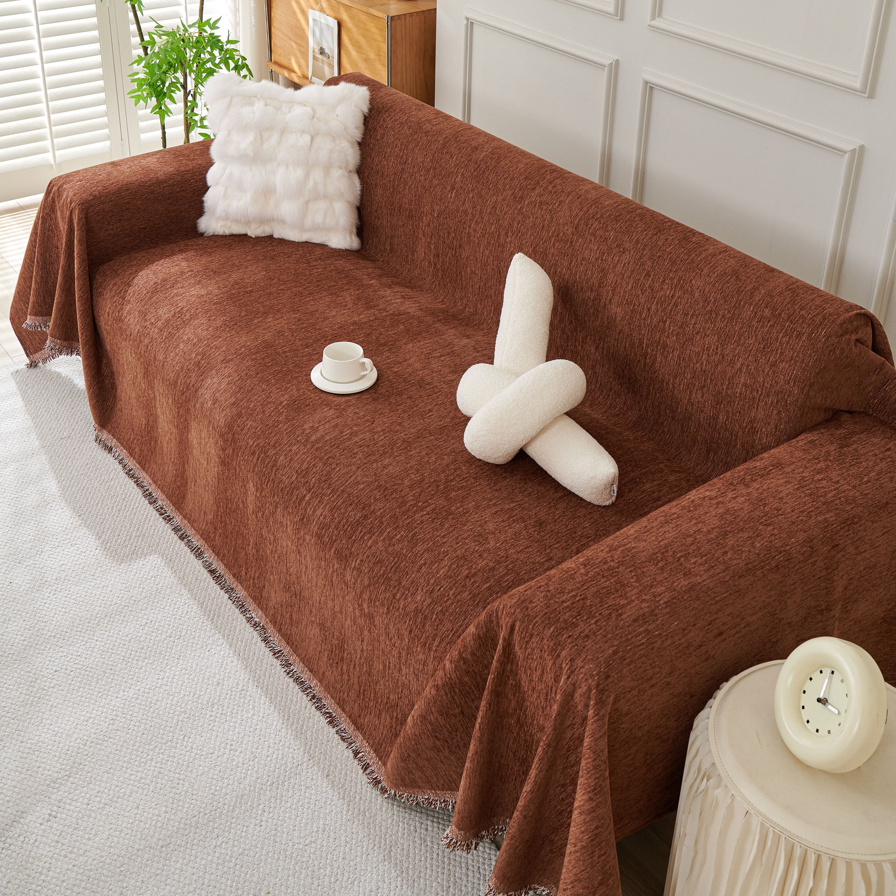 Solid Chenille Sofa Throw with Fringed Edge
