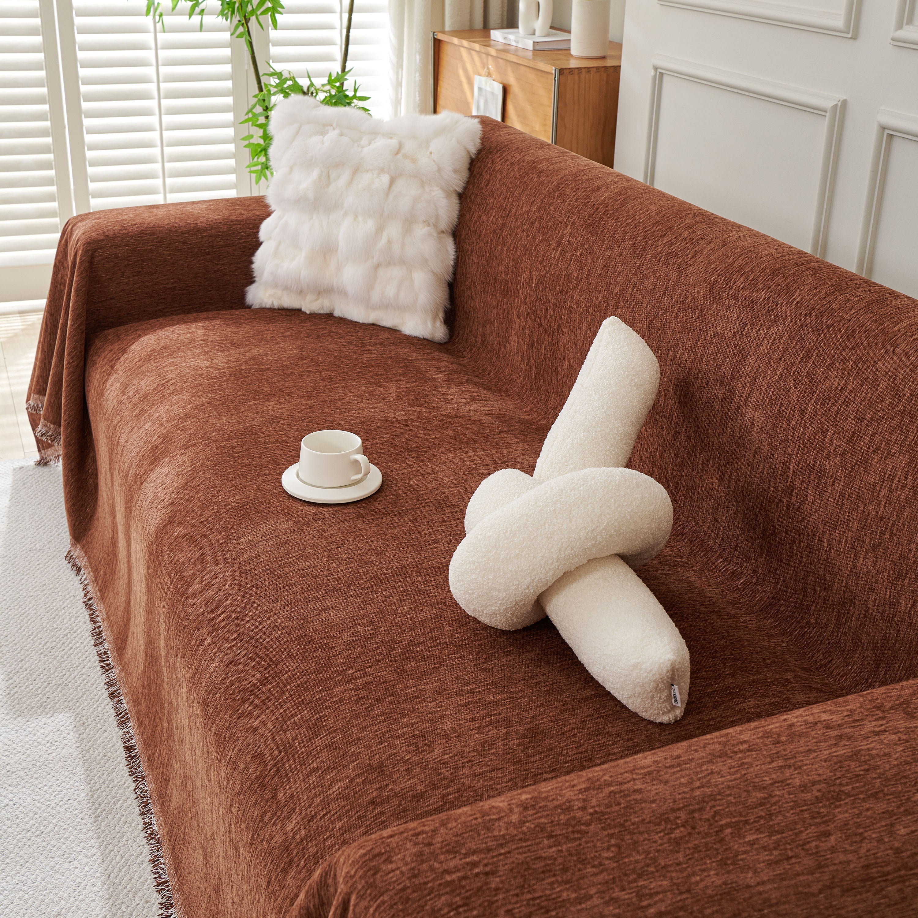 Solid Chenille Sofa Throw with Fringed Edge