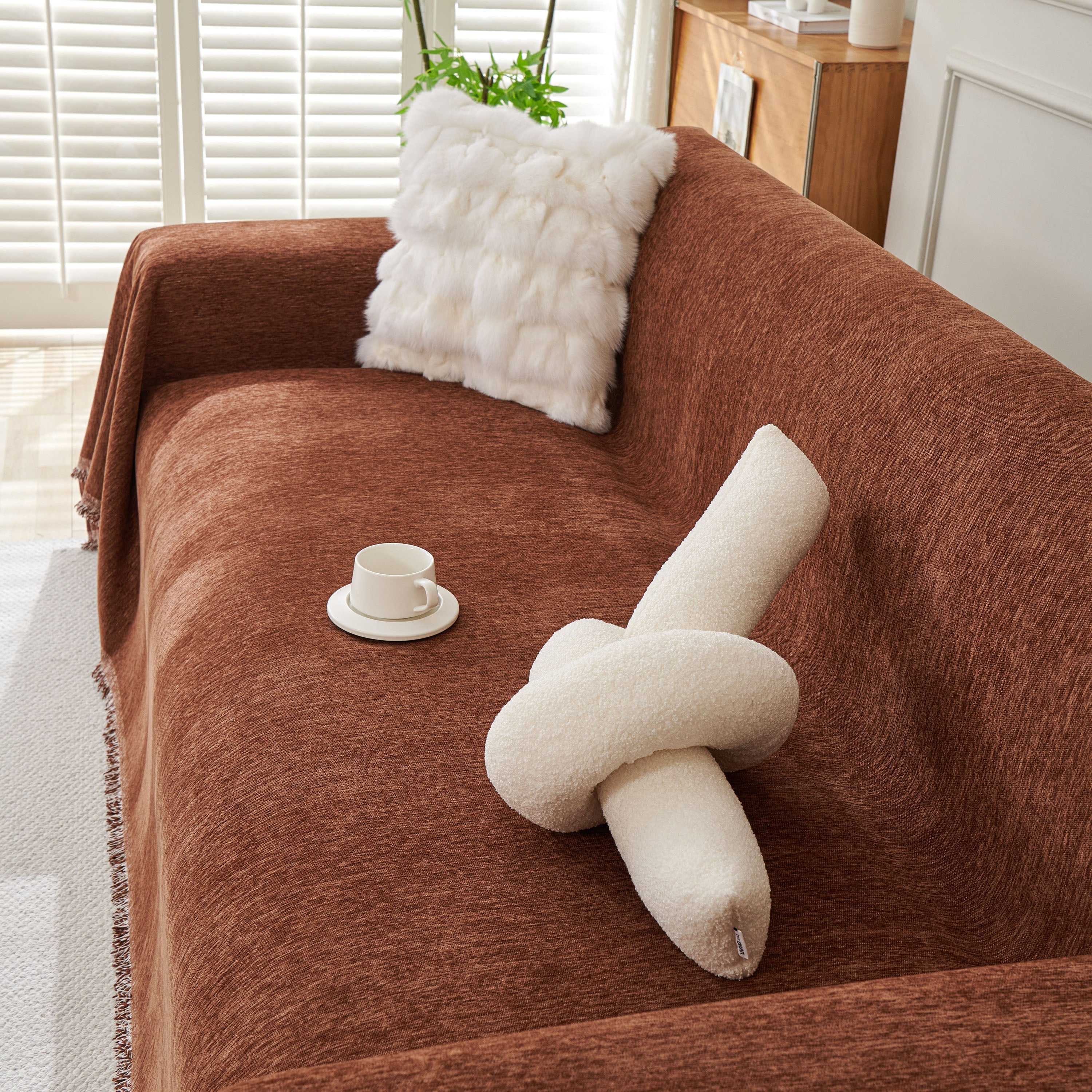 Solid Chenille Sofa Throw with Fringed Edge