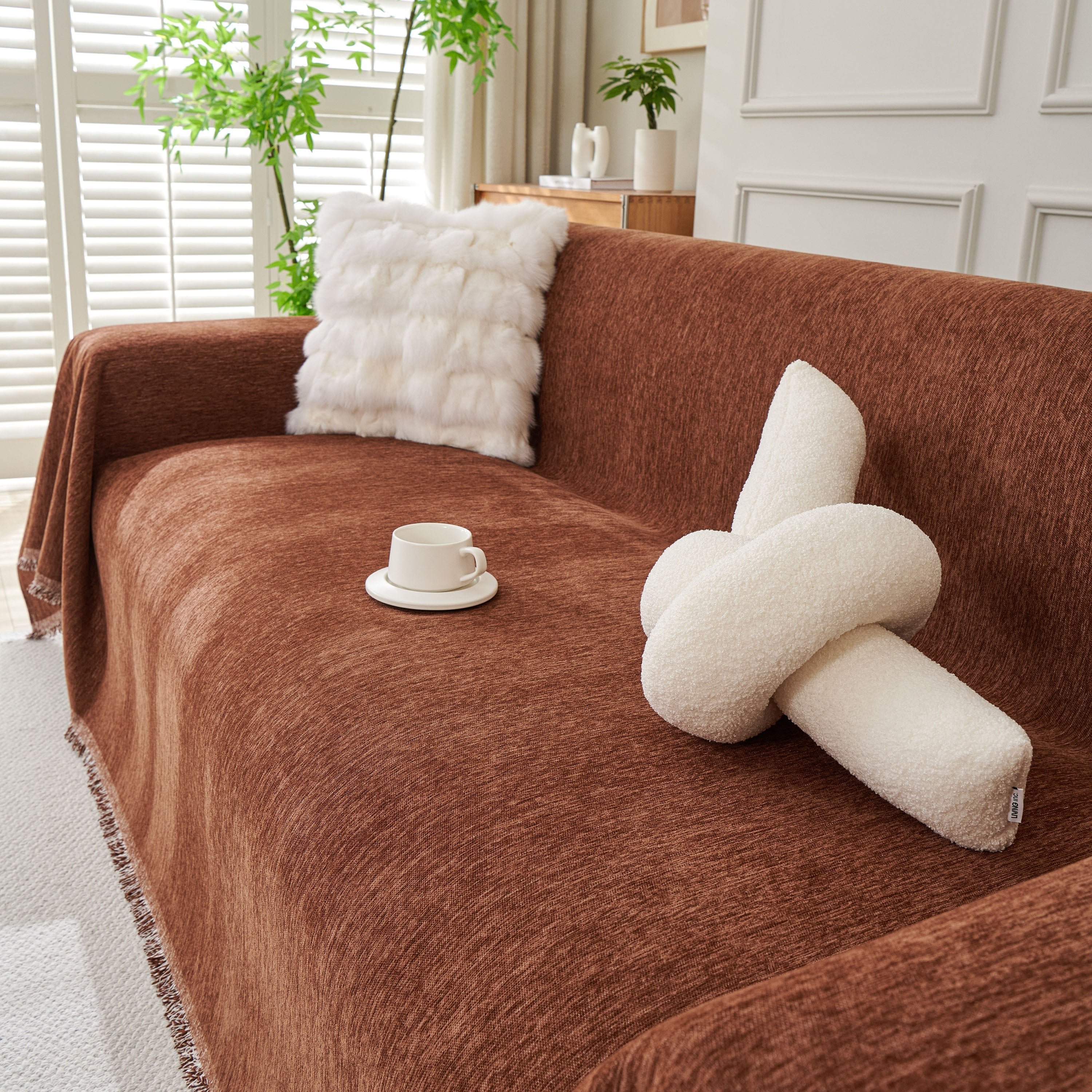 Solid Chenille Sofa Throw with Fringed Edge
