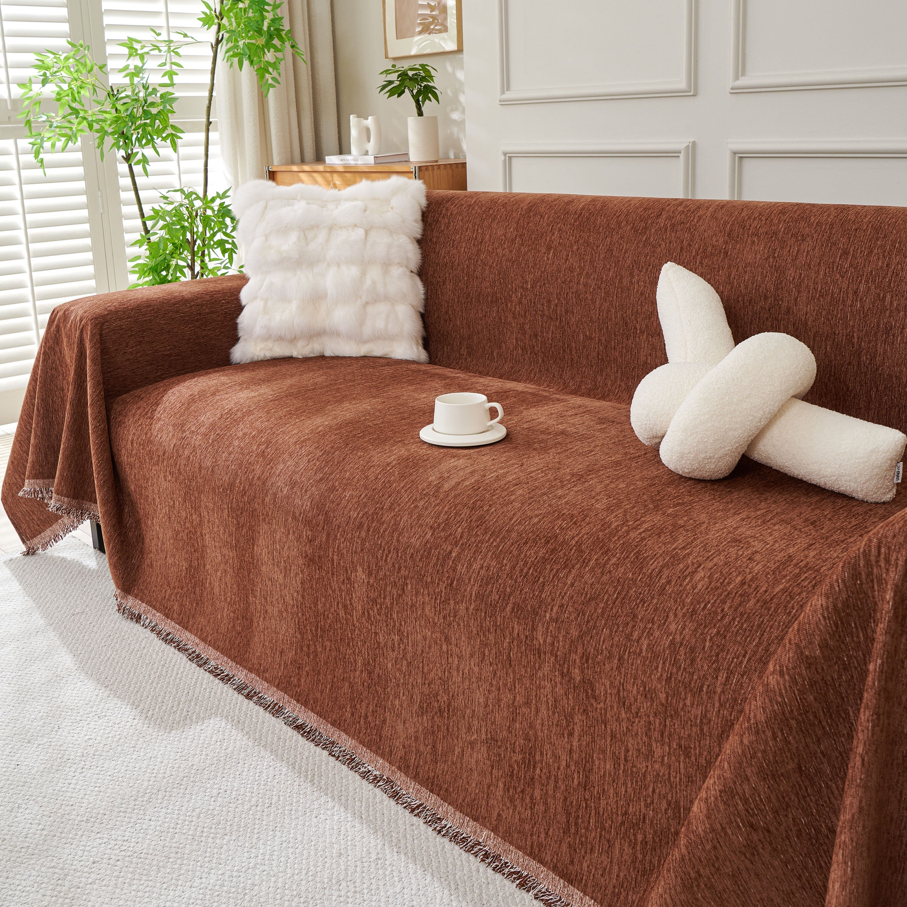 Solid Chenille Sofa Throw with Fringed Edge