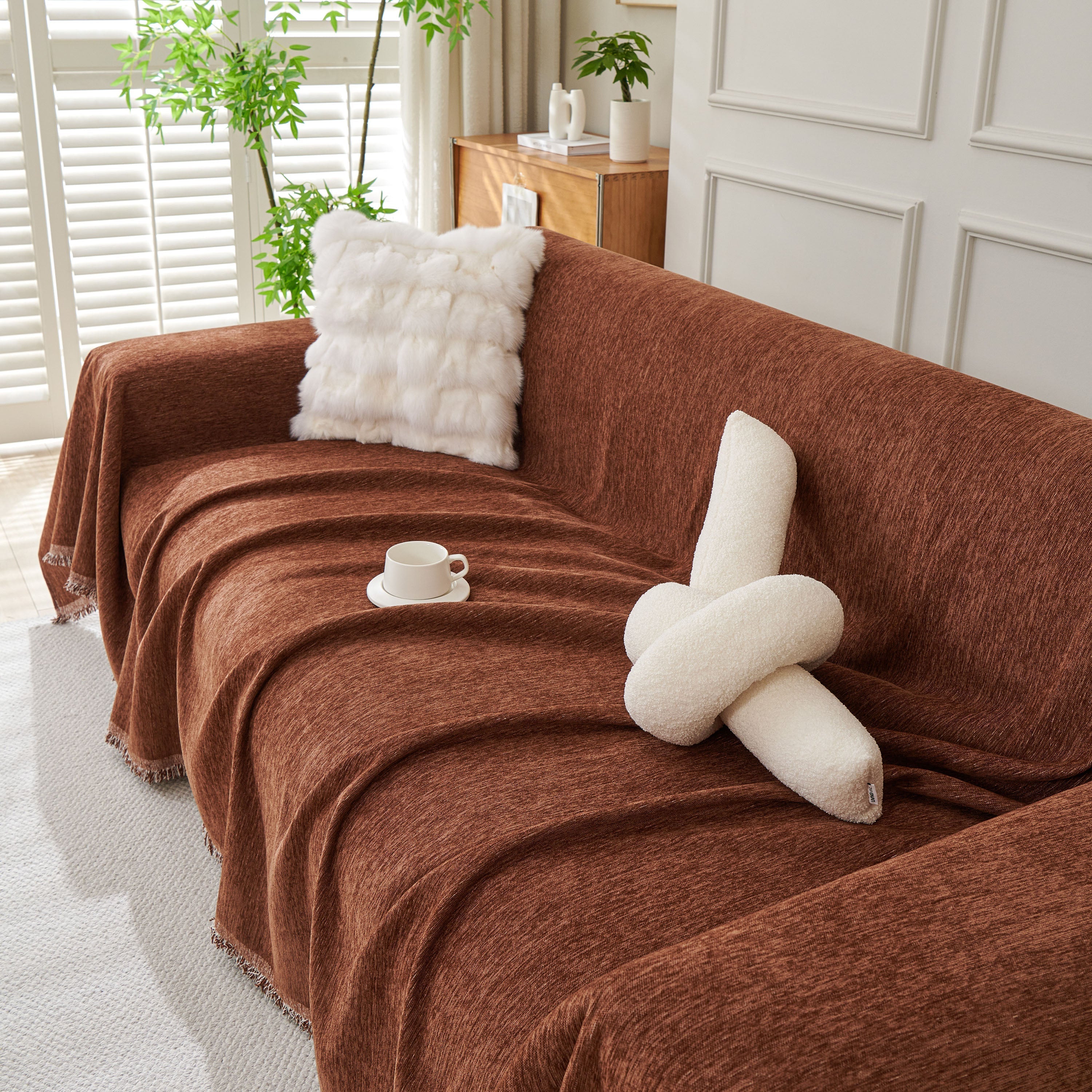 Solid Chenille Sofa Throw with Fringed Edge