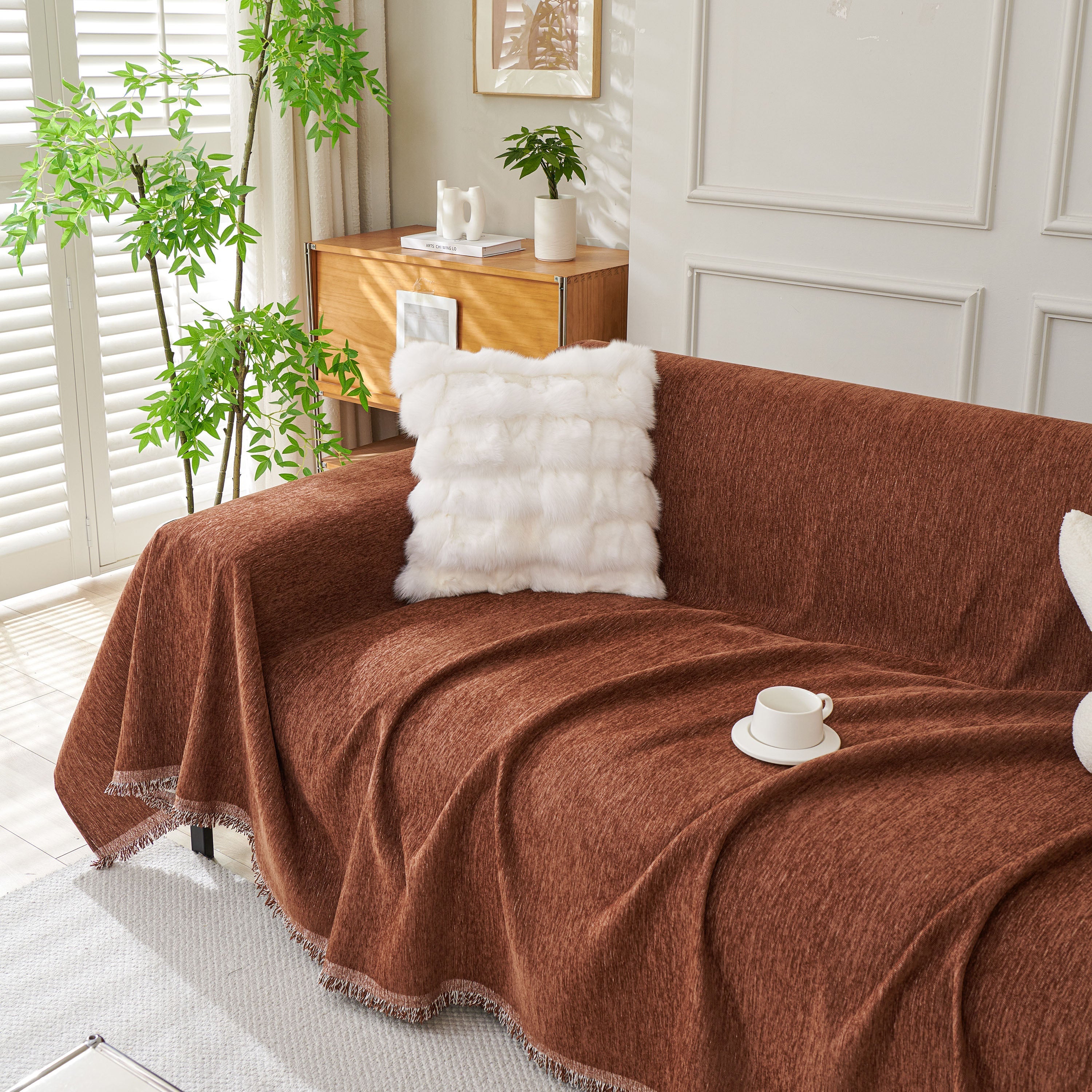 Solid Chenille Sofa Throw with Fringed Edge