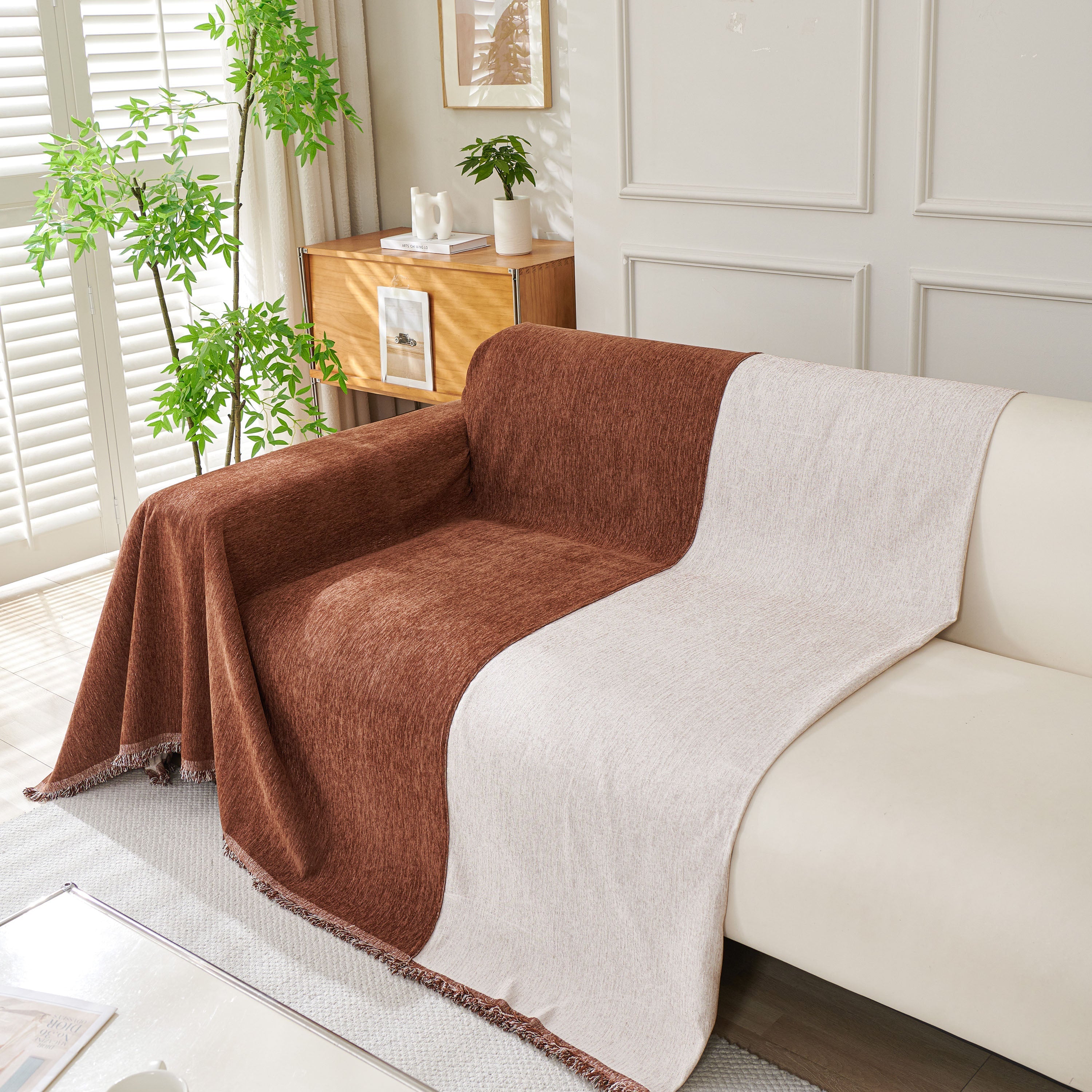 Solid Chenille Sofa Throw with Fringed Edge
