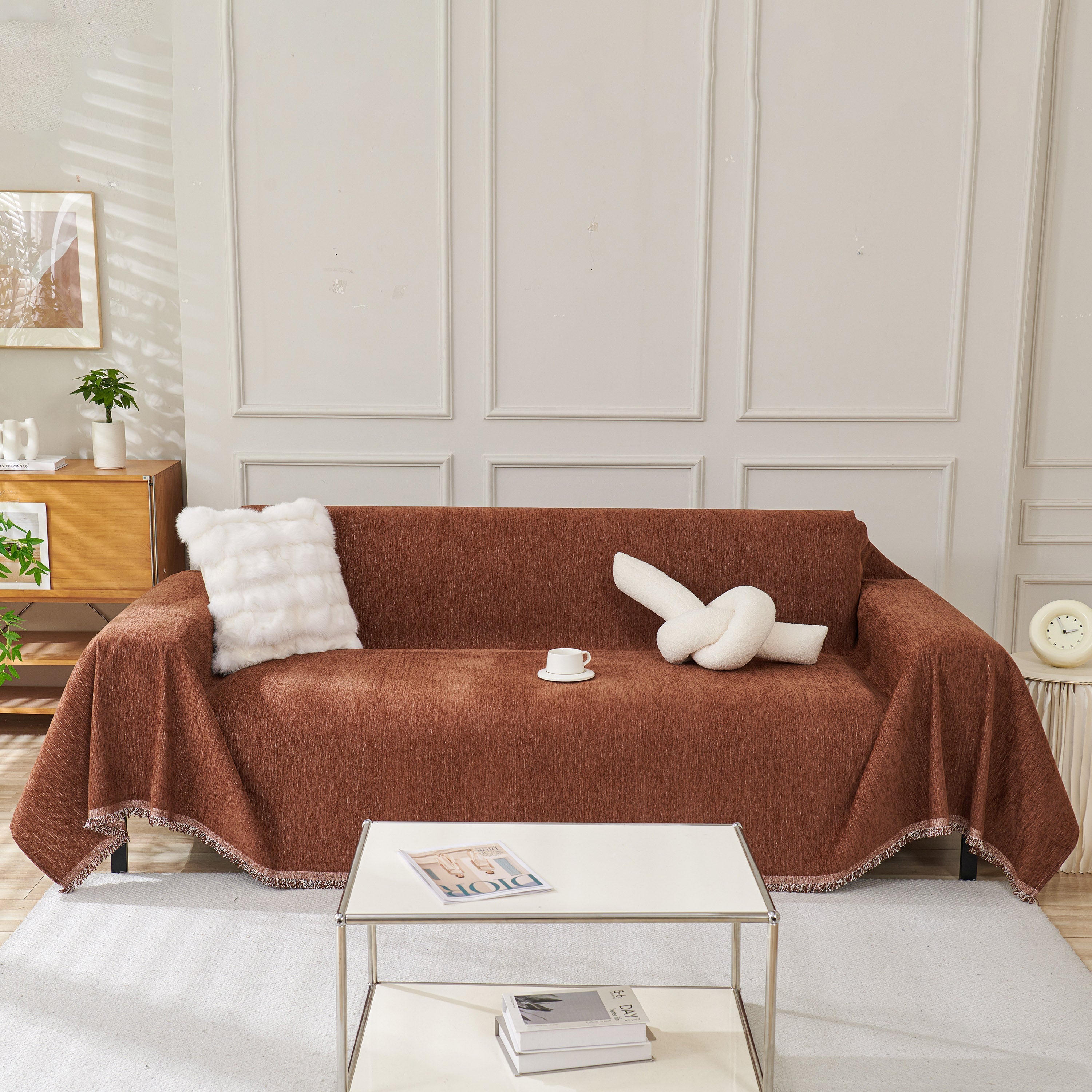 Solid Chenille Sofa Throw with Fringed Edge