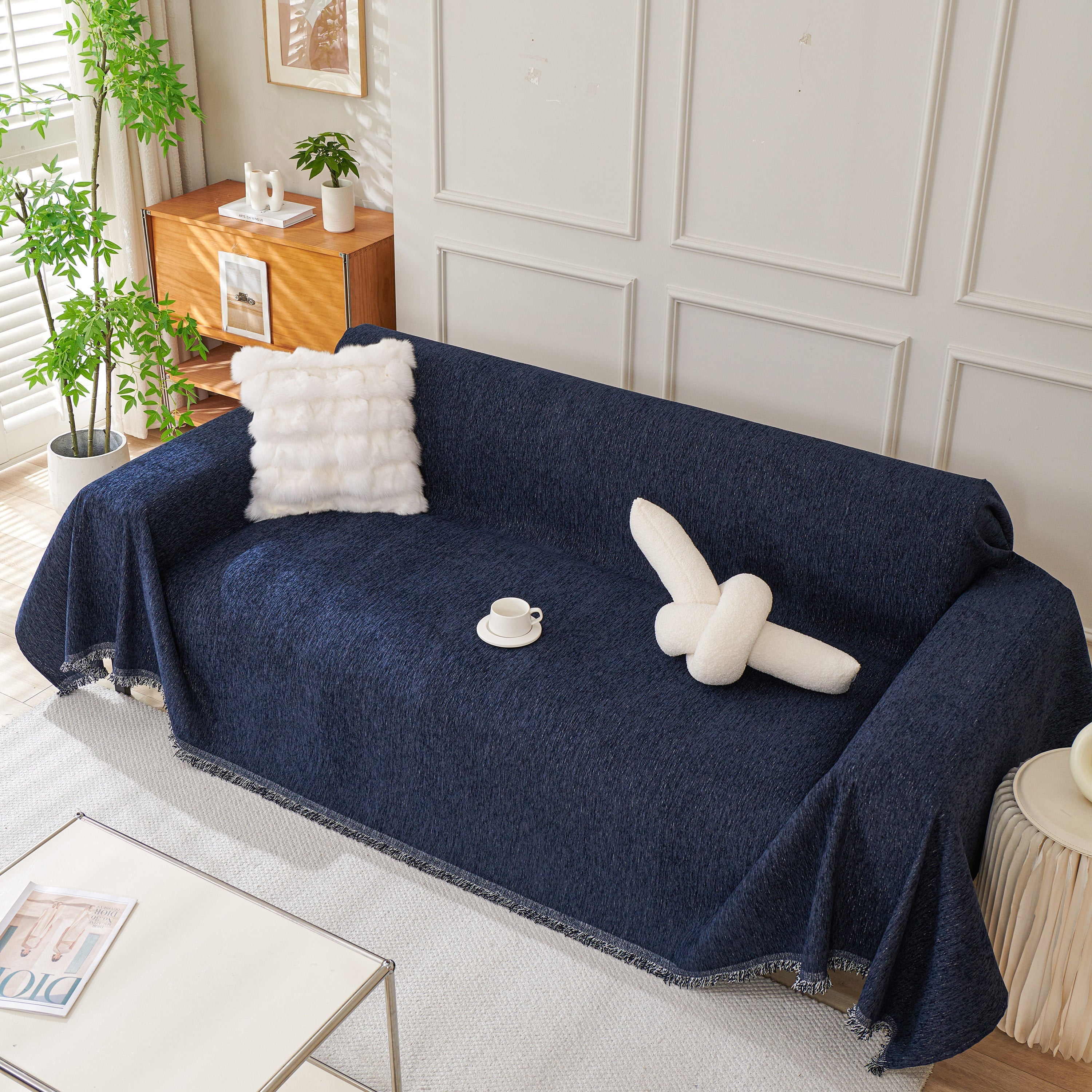 Solid Chenille Sofa Throw with Fringed Edge