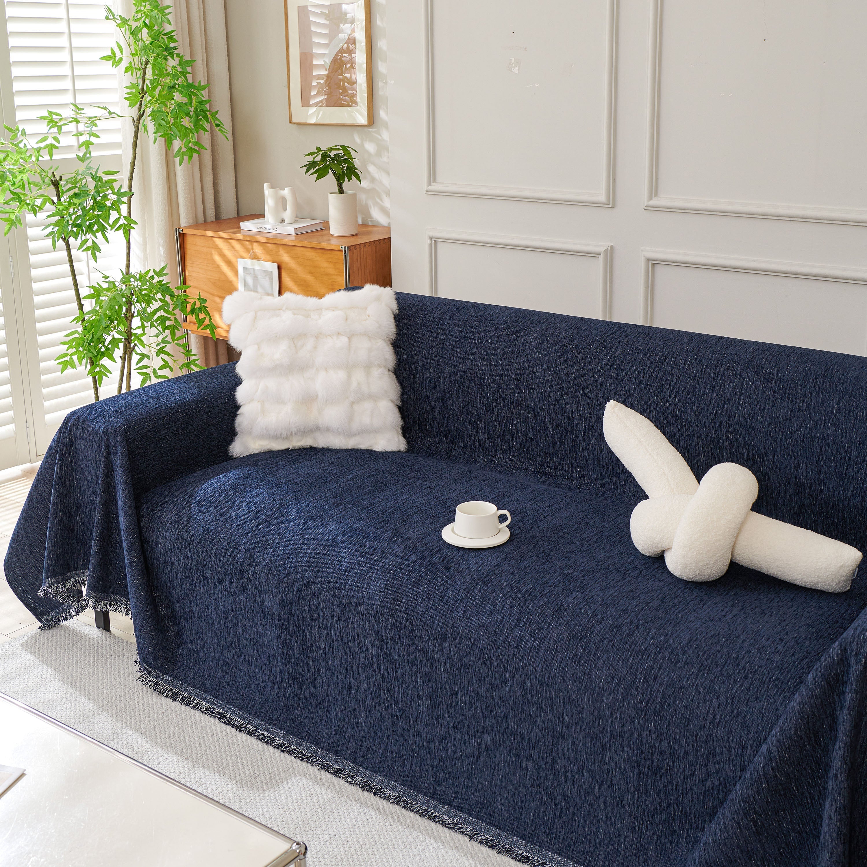 Solid Chenille Sofa Throw with Fringed Edge