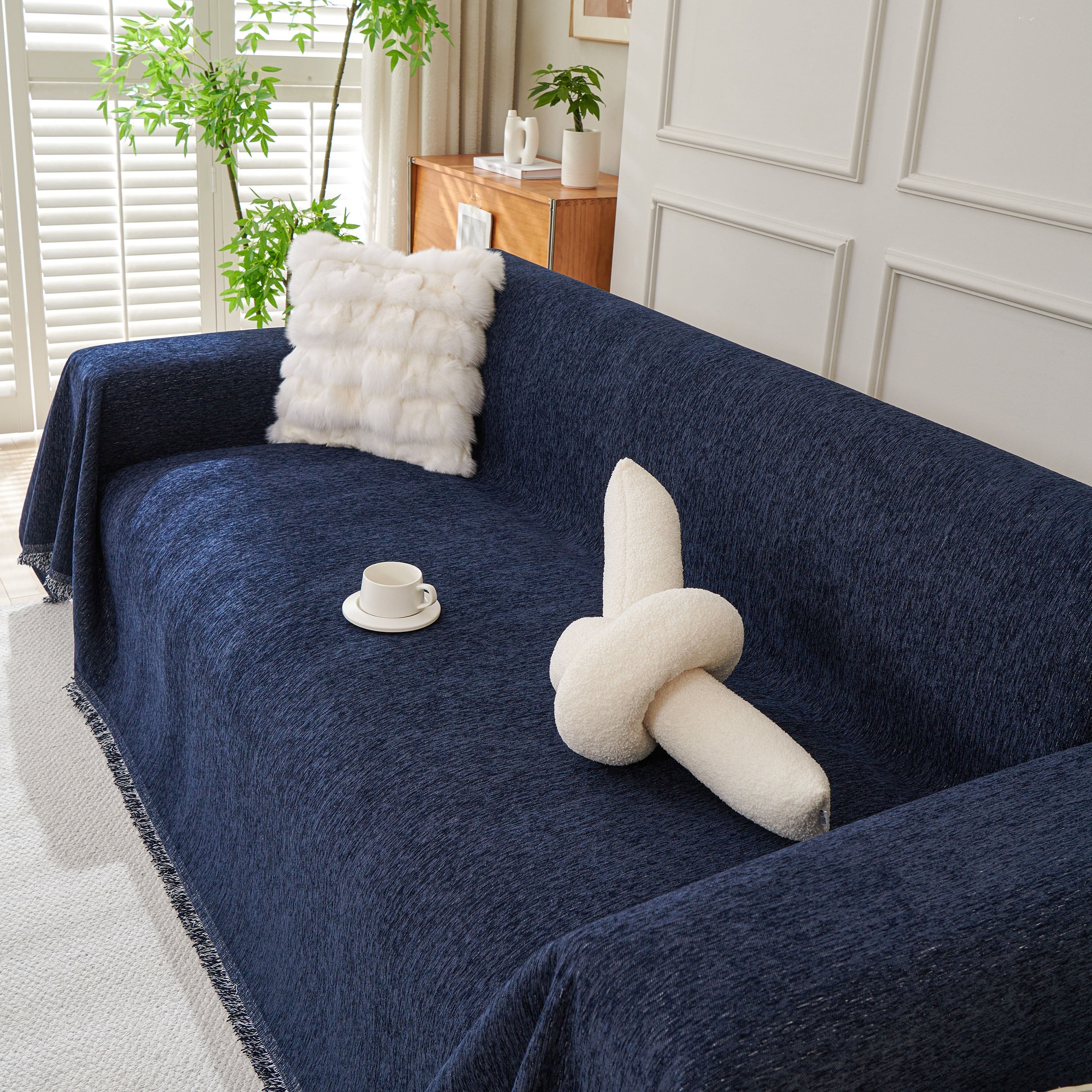 Solid Chenille Sofa Throw with Fringed Edge