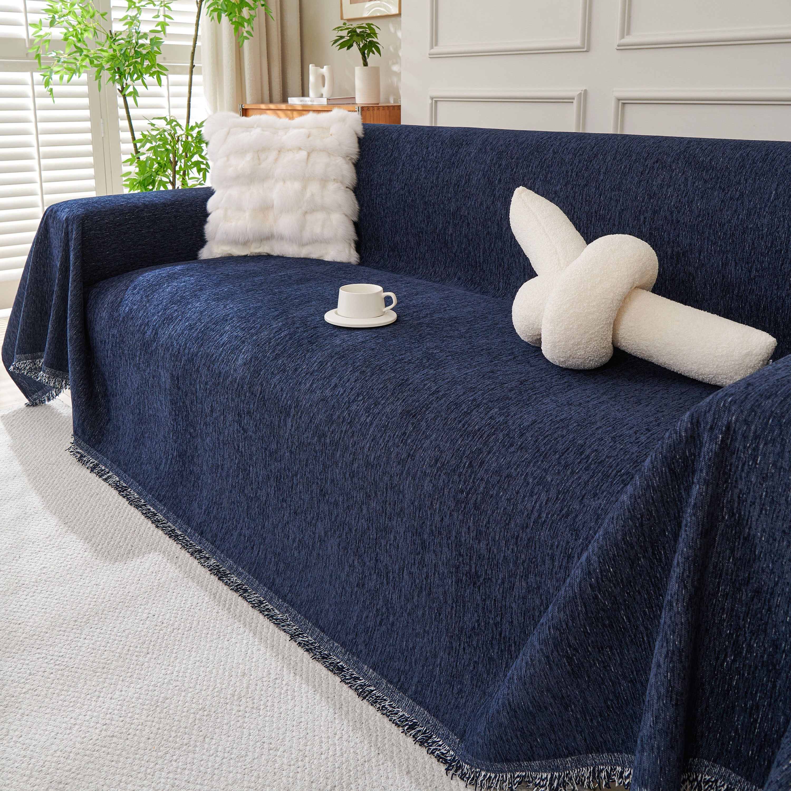 Solid Chenille Sofa Throw with Fringed Edge