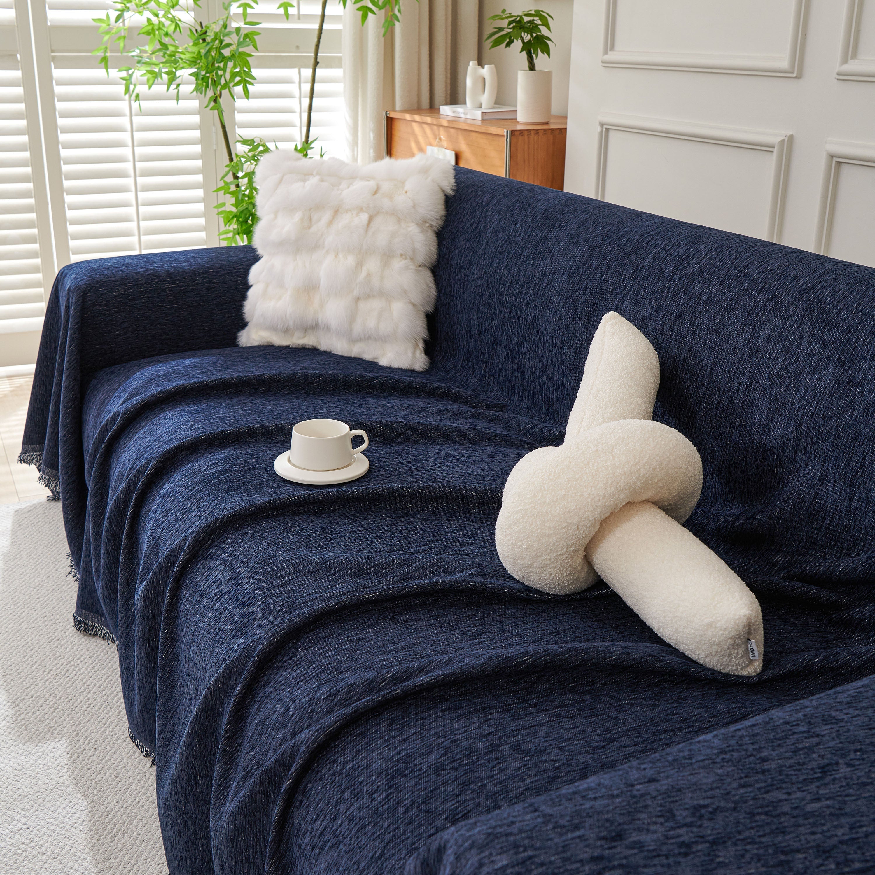 Solid Chenille Sofa Throw with Fringed Edge
