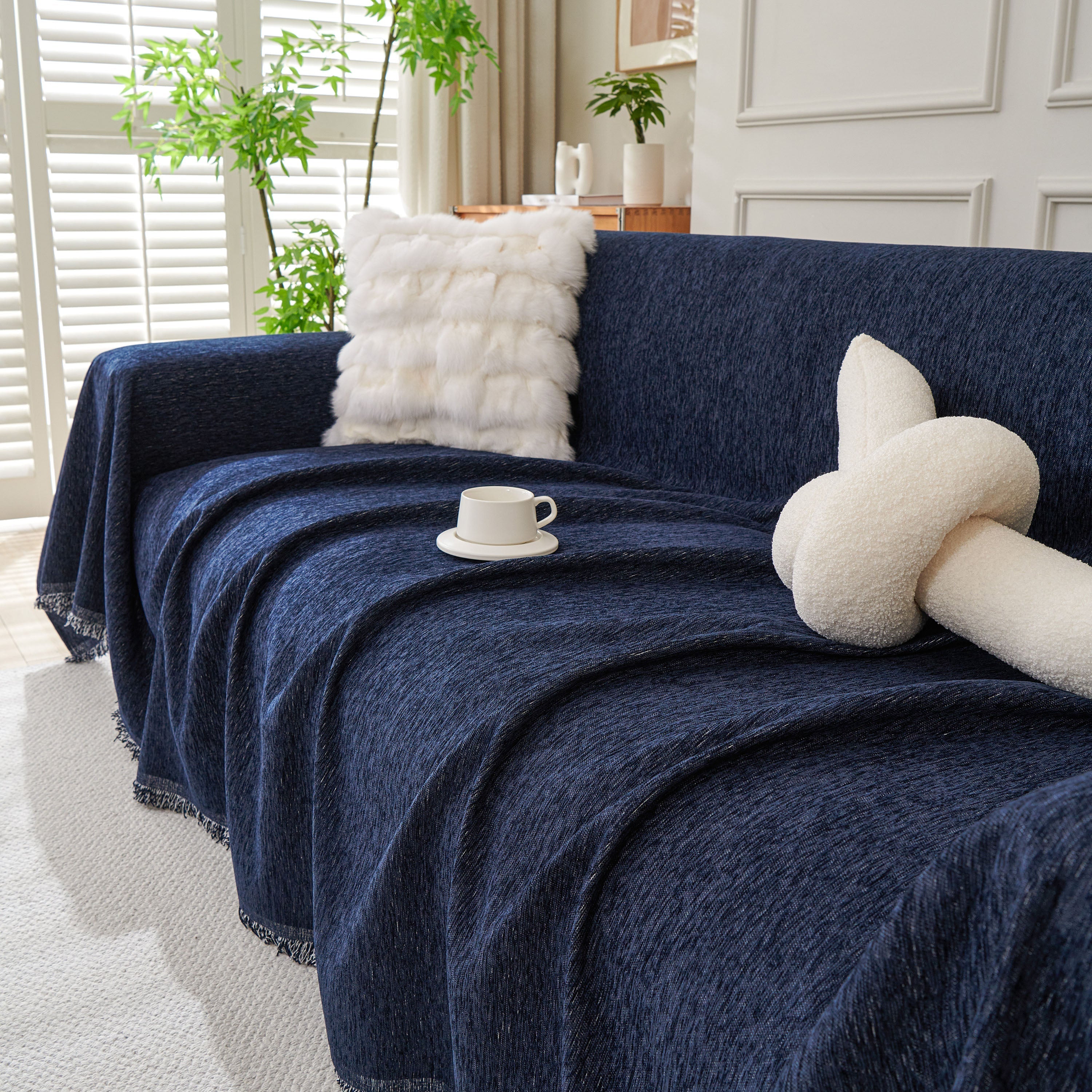 Solid Chenille Sofa Throw with Fringed Edge