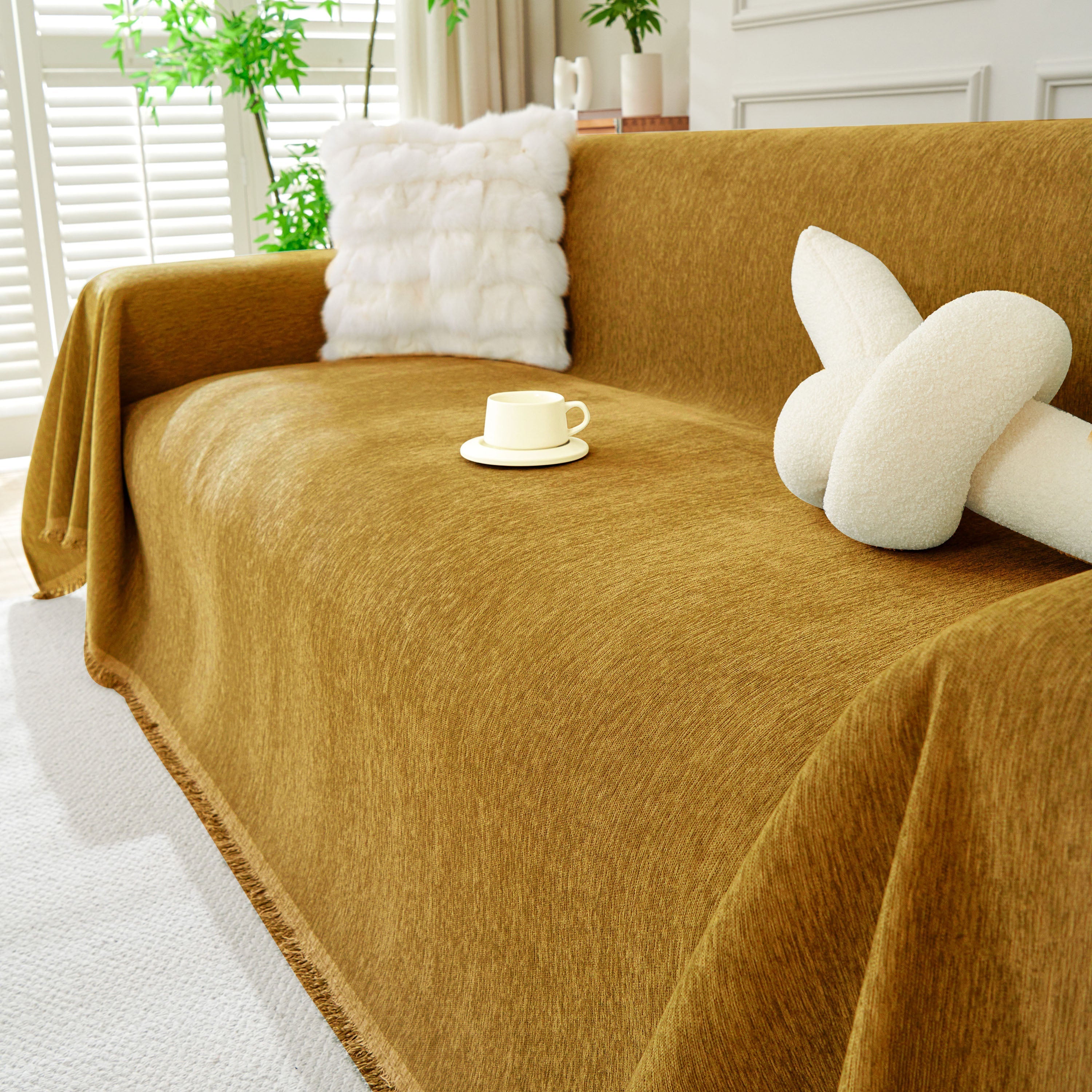 Solid Chenille Sofa Throw with Fringed Edge