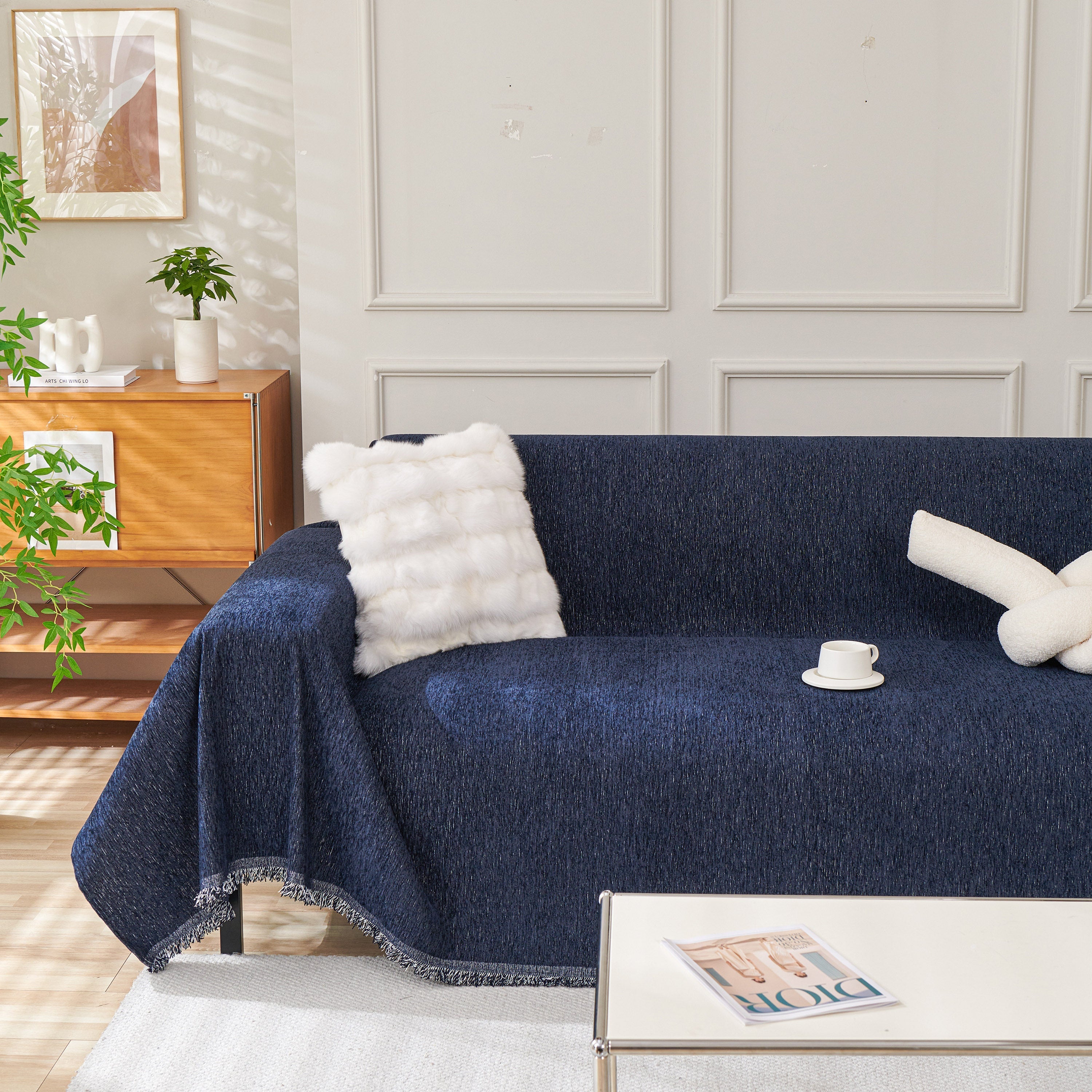 Solid Chenille Sofa Throw with Fringed Edge
