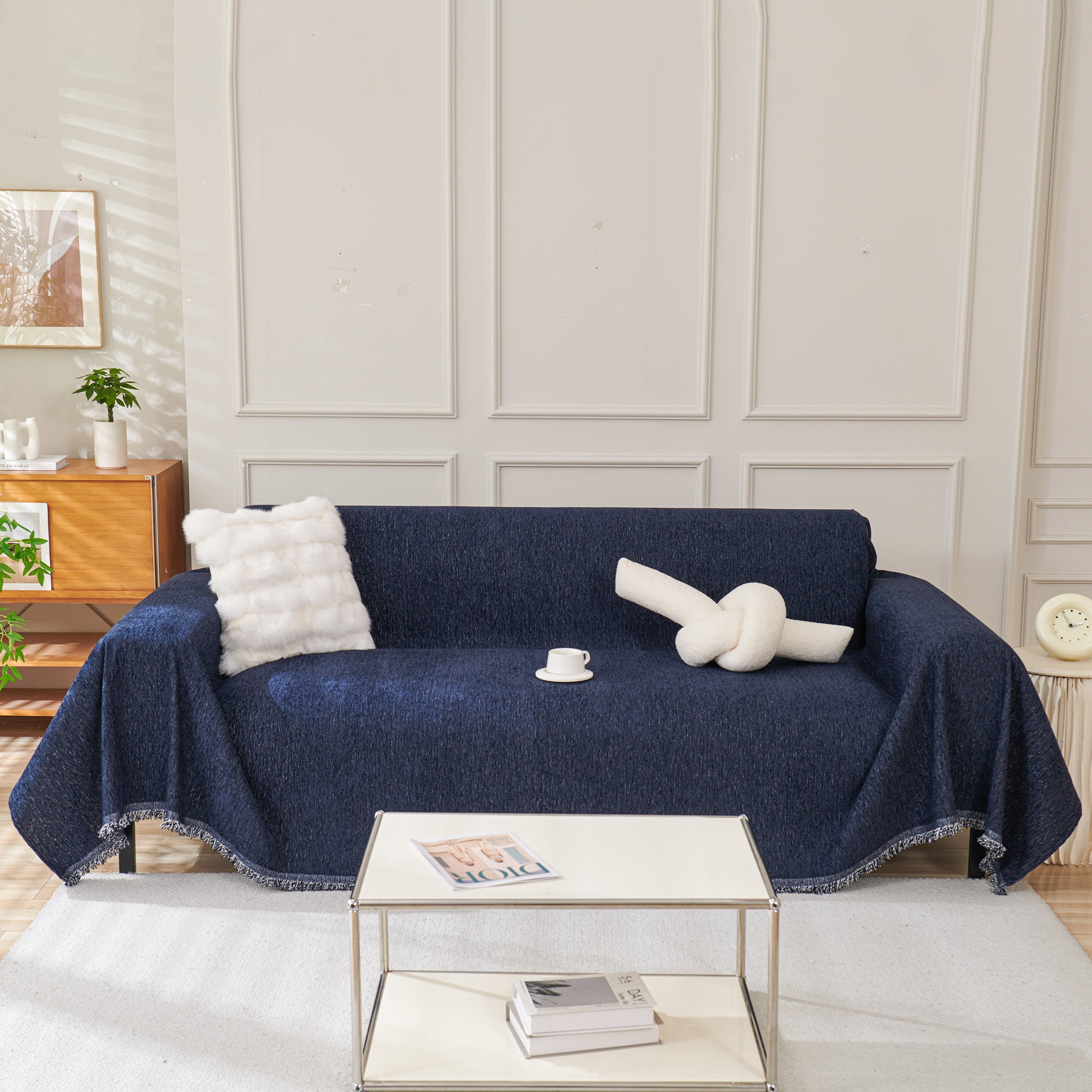 Solid Chenille Sofa Throw with Fringed Edge