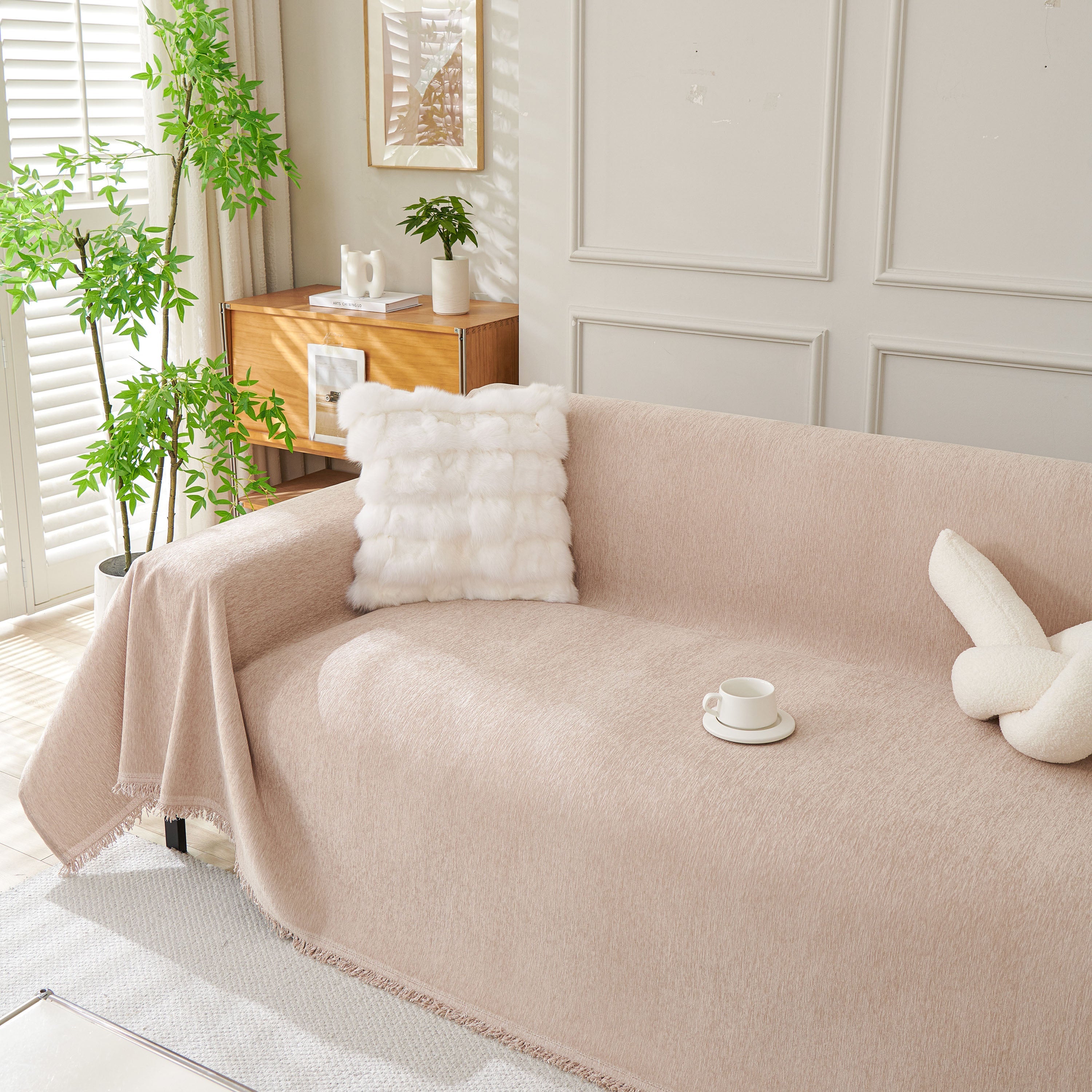 Solid Chenille Sofa Throw with Fringed Edge
