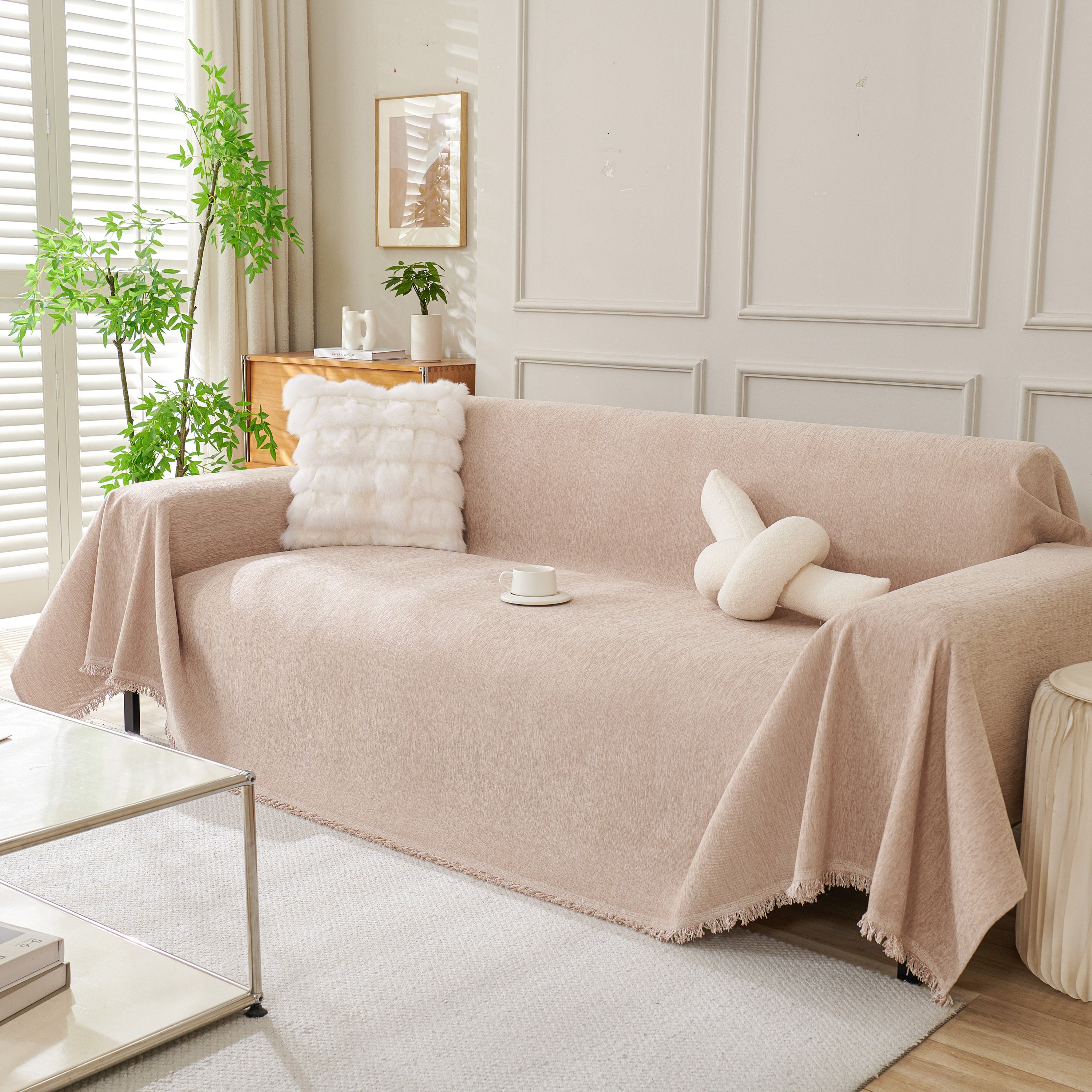 Solid Chenille Sofa Throw with Fringed Edge