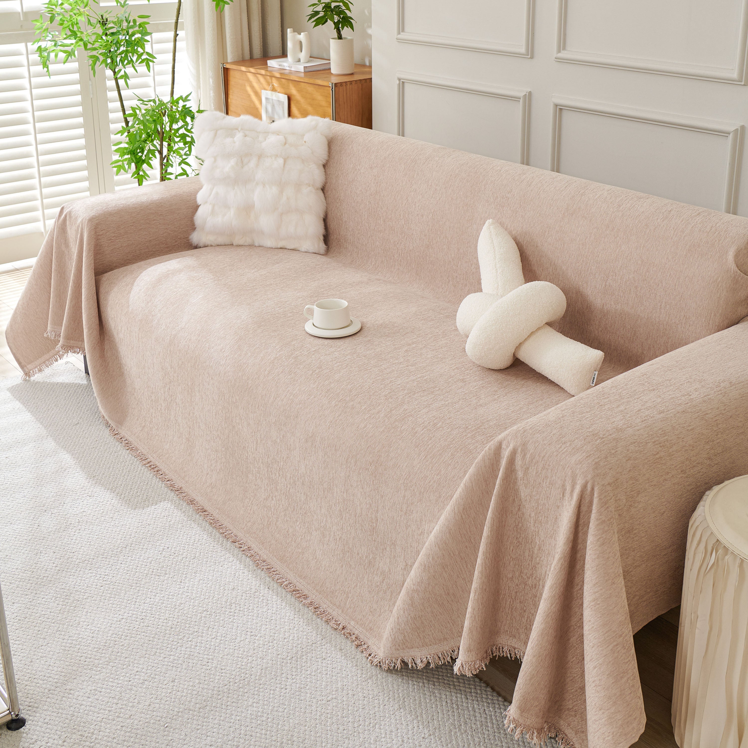 Solid Chenille Sofa Throw with Fringed Edge