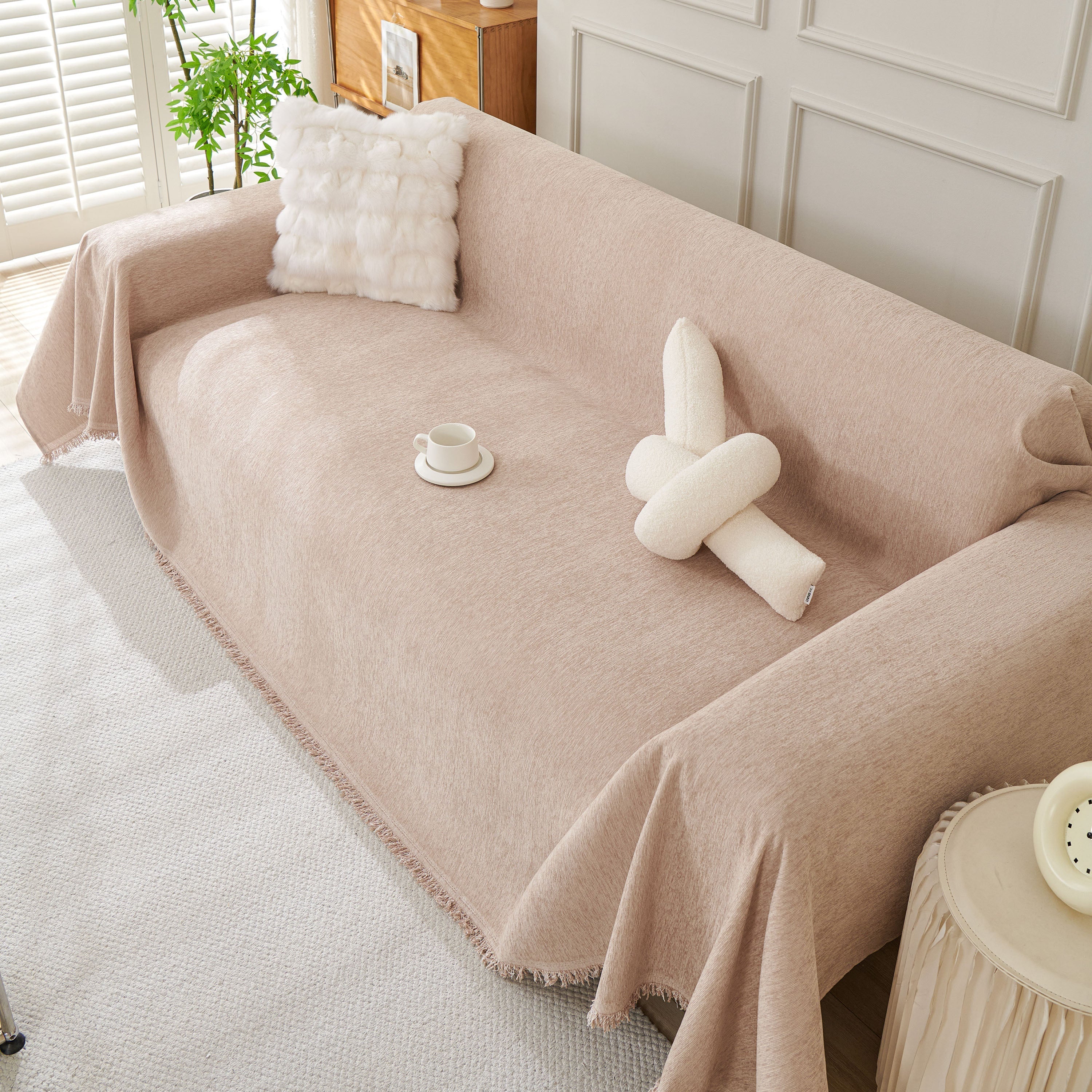 Solid Chenille Sofa Throw with Fringed Edge
