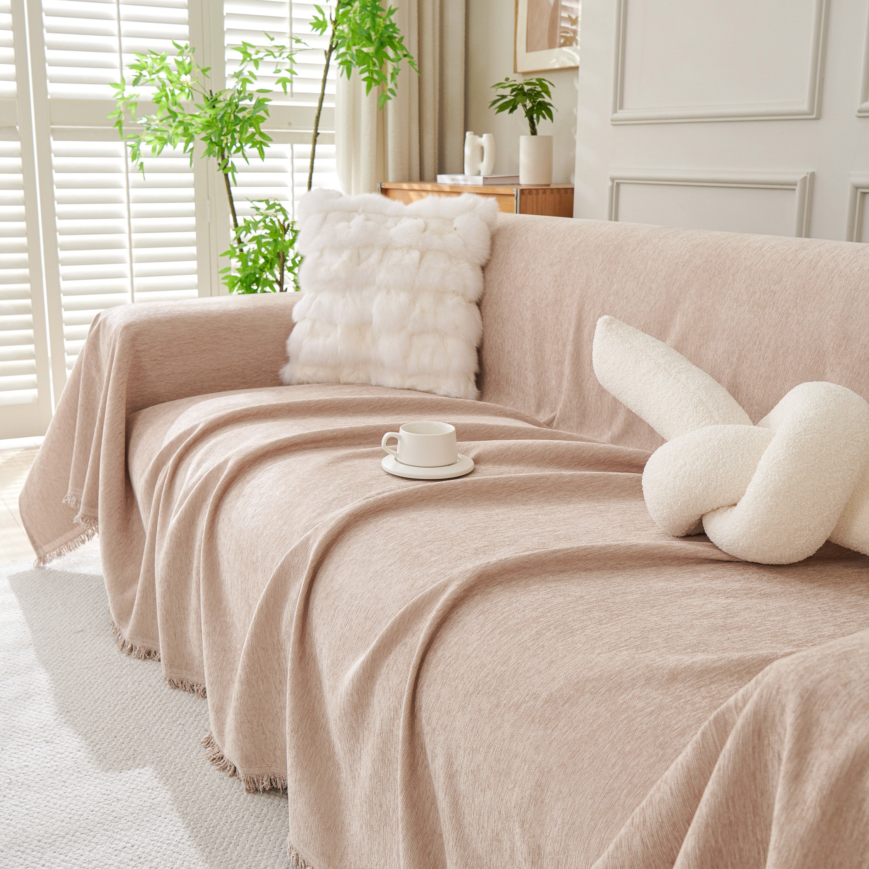 Solid Chenille Sofa Throw with Fringed Edge