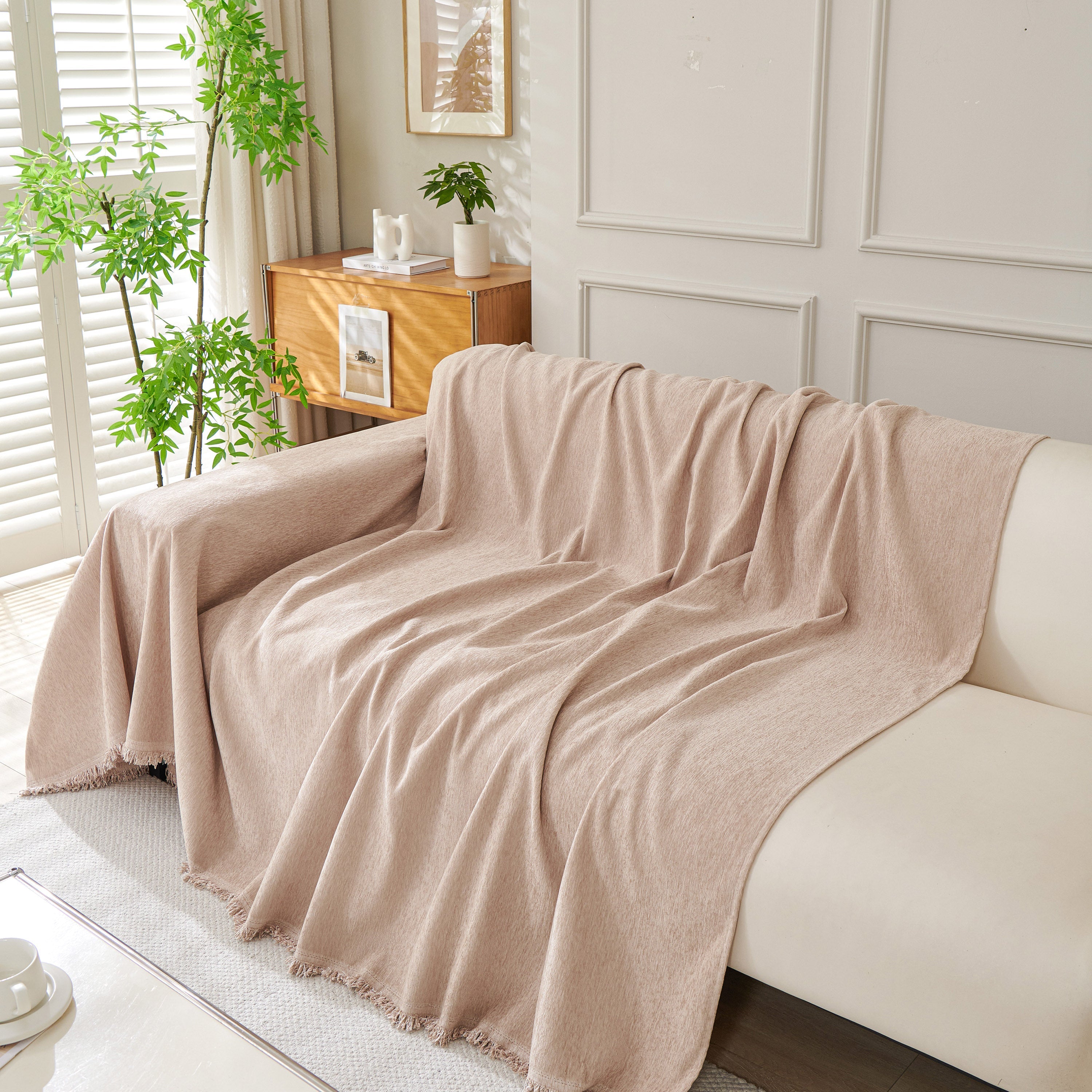 Solid Chenille Sofa Throw with Fringed Edge