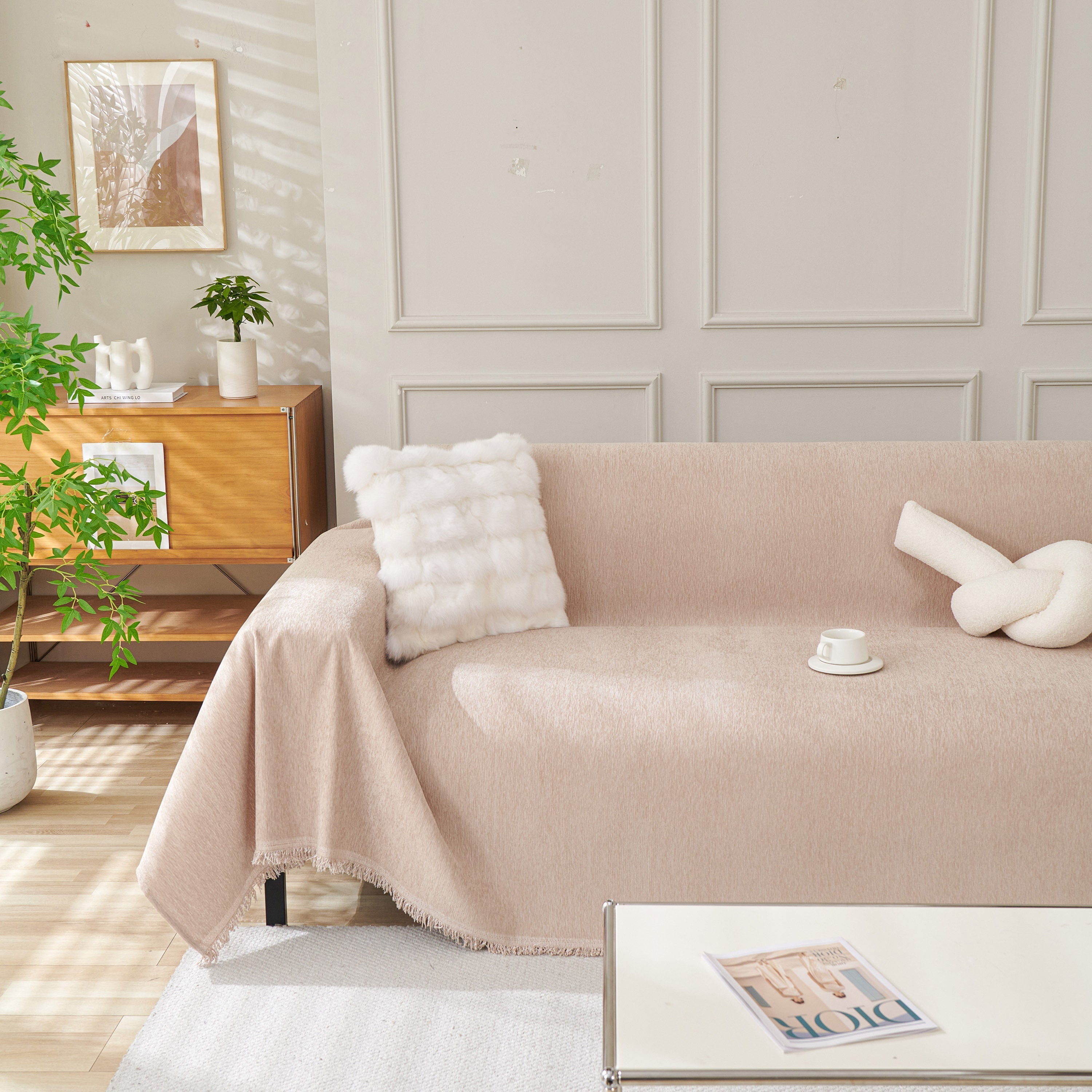 Solid Chenille Sofa Throw with Fringed Edge
