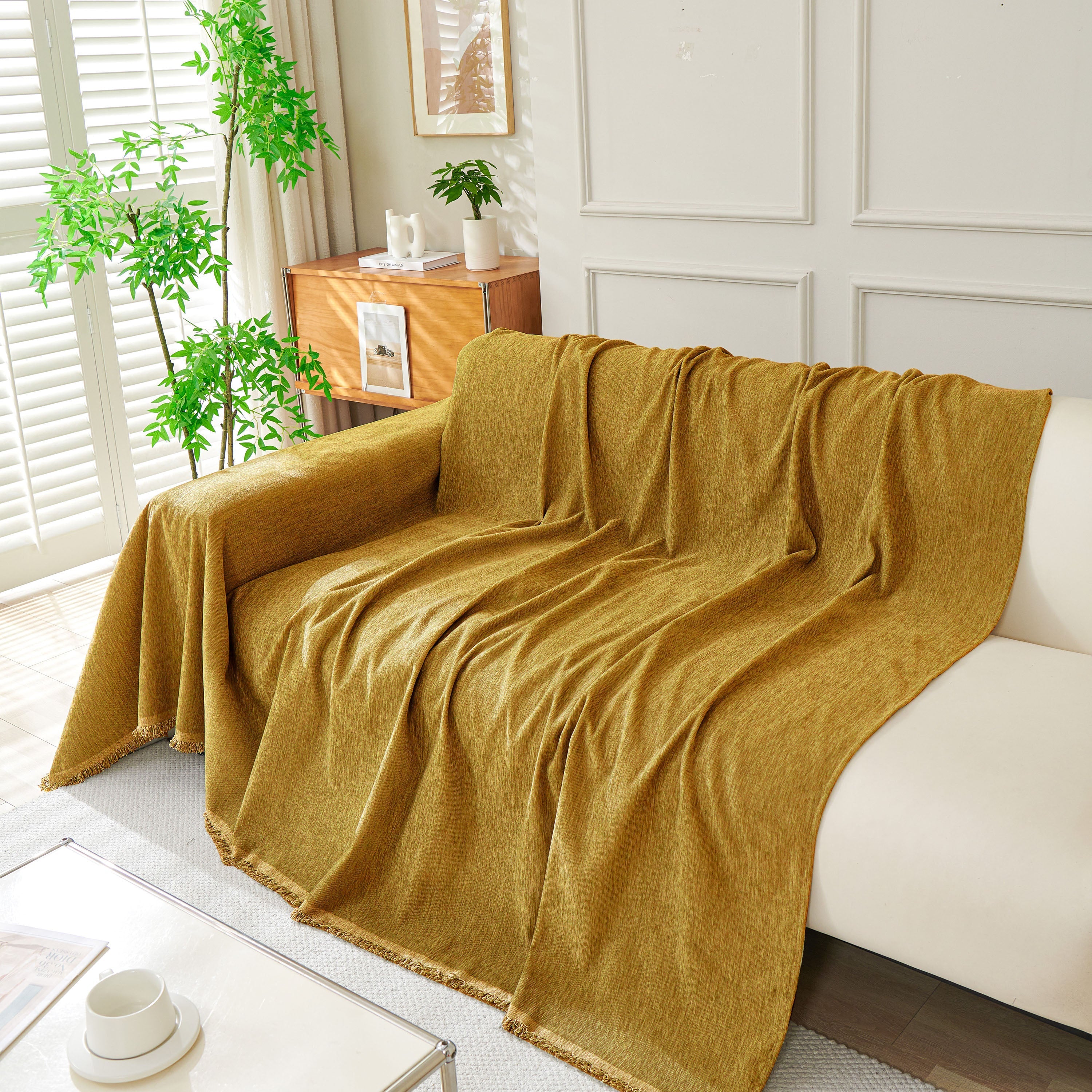 Solid Chenille Sofa Throw with Fringed Edge