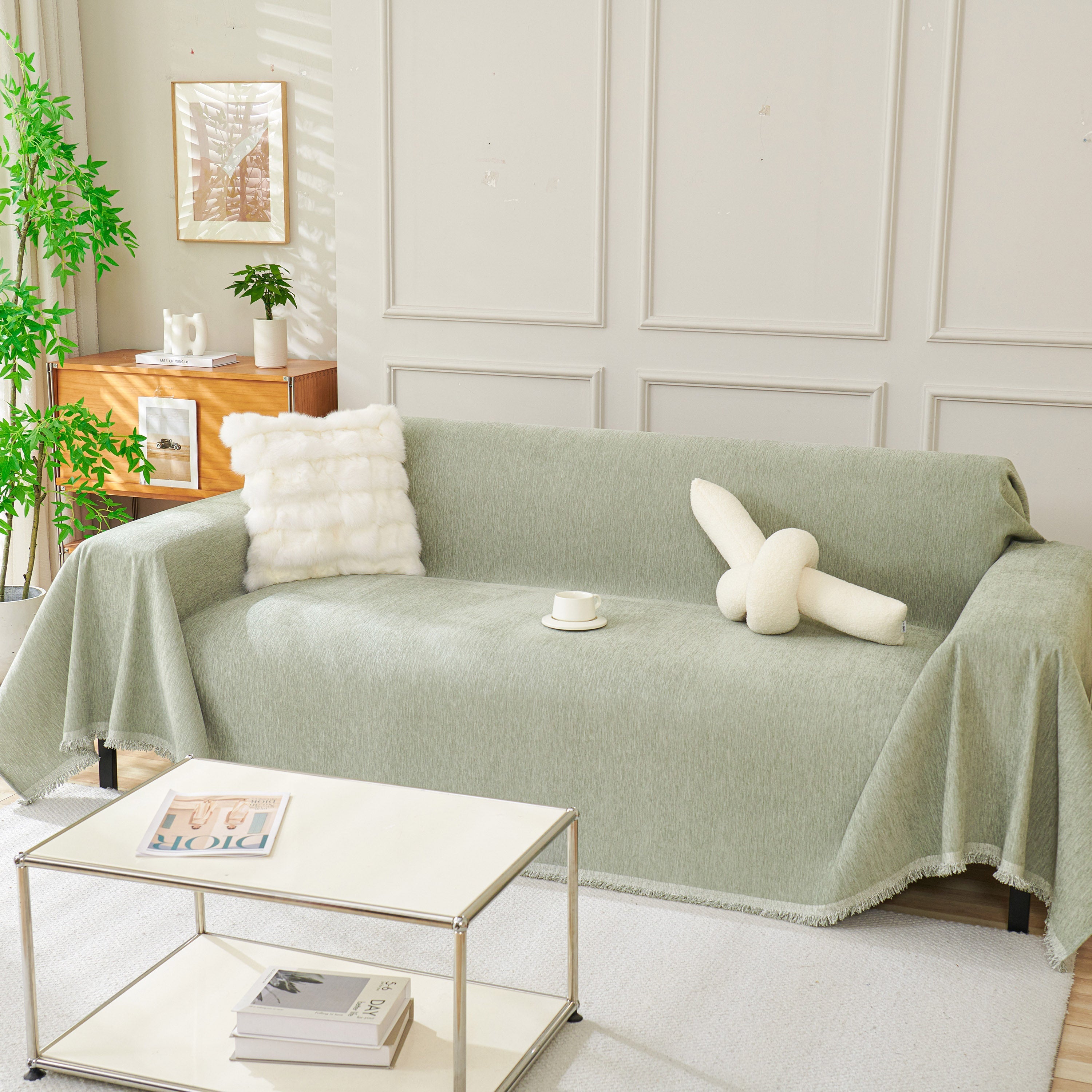 Solid Chenille Sofa Throw with Fringed Edge