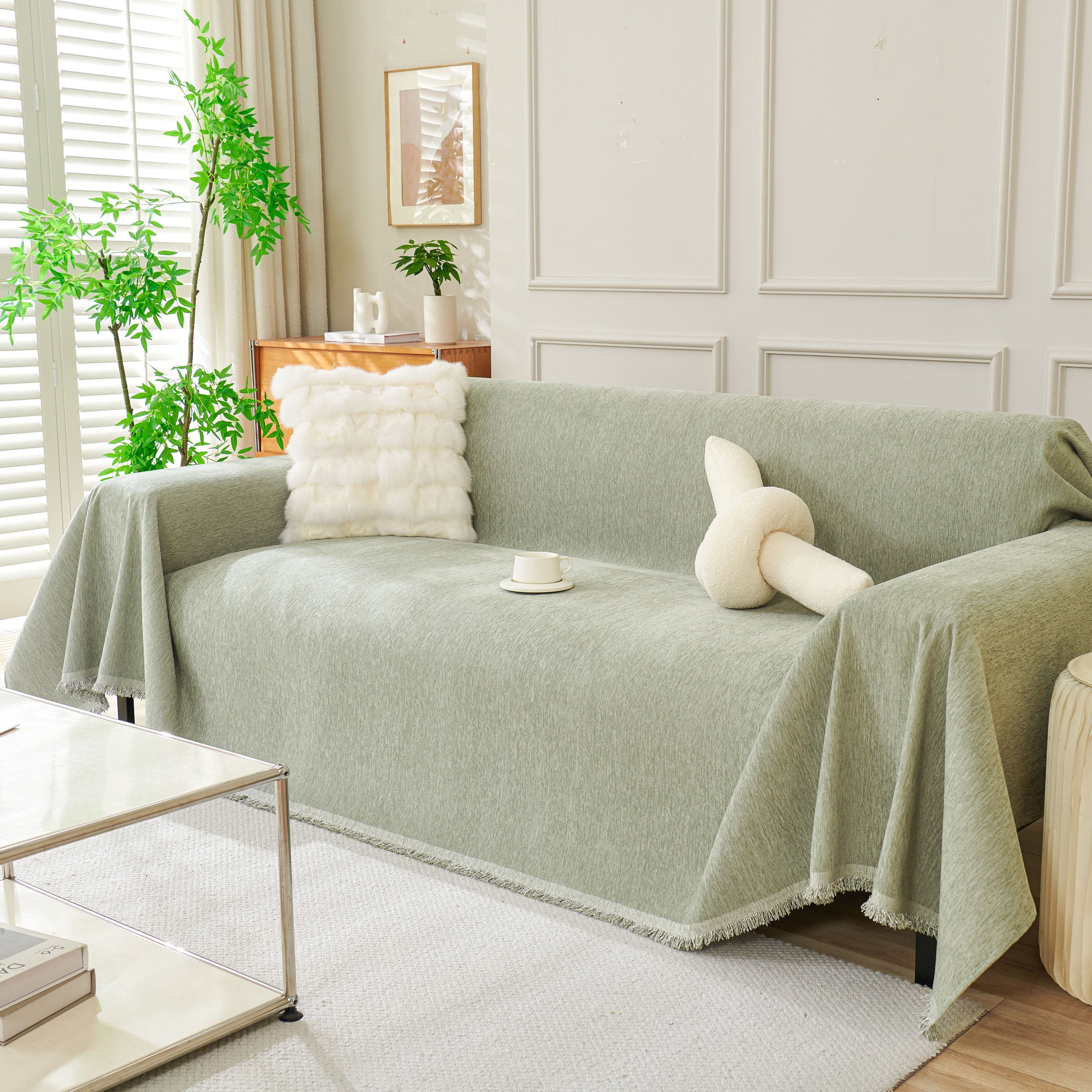 Solid Chenille Sofa Throw with Fringed Edge