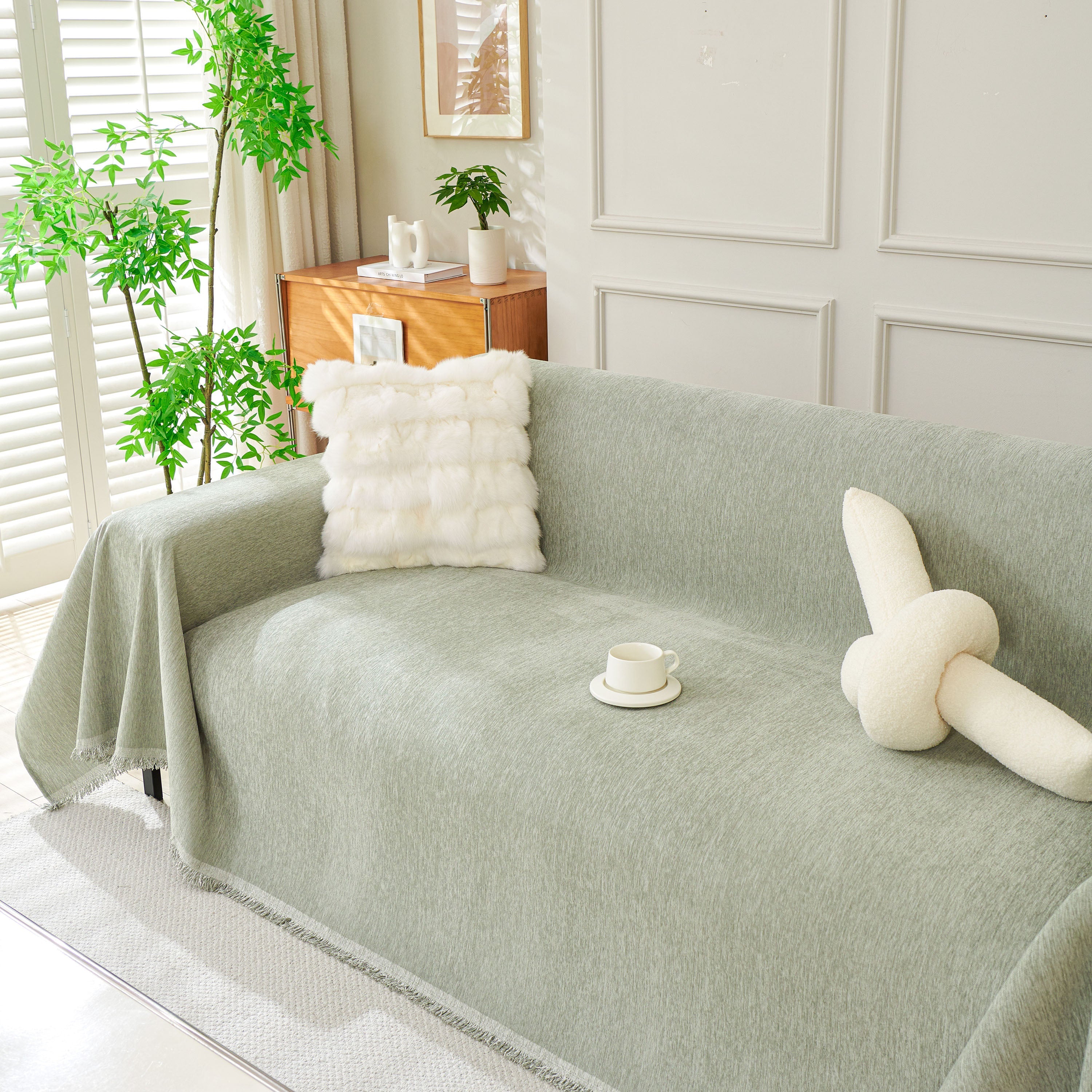 Solid Chenille Sofa Throw with Fringed Edge