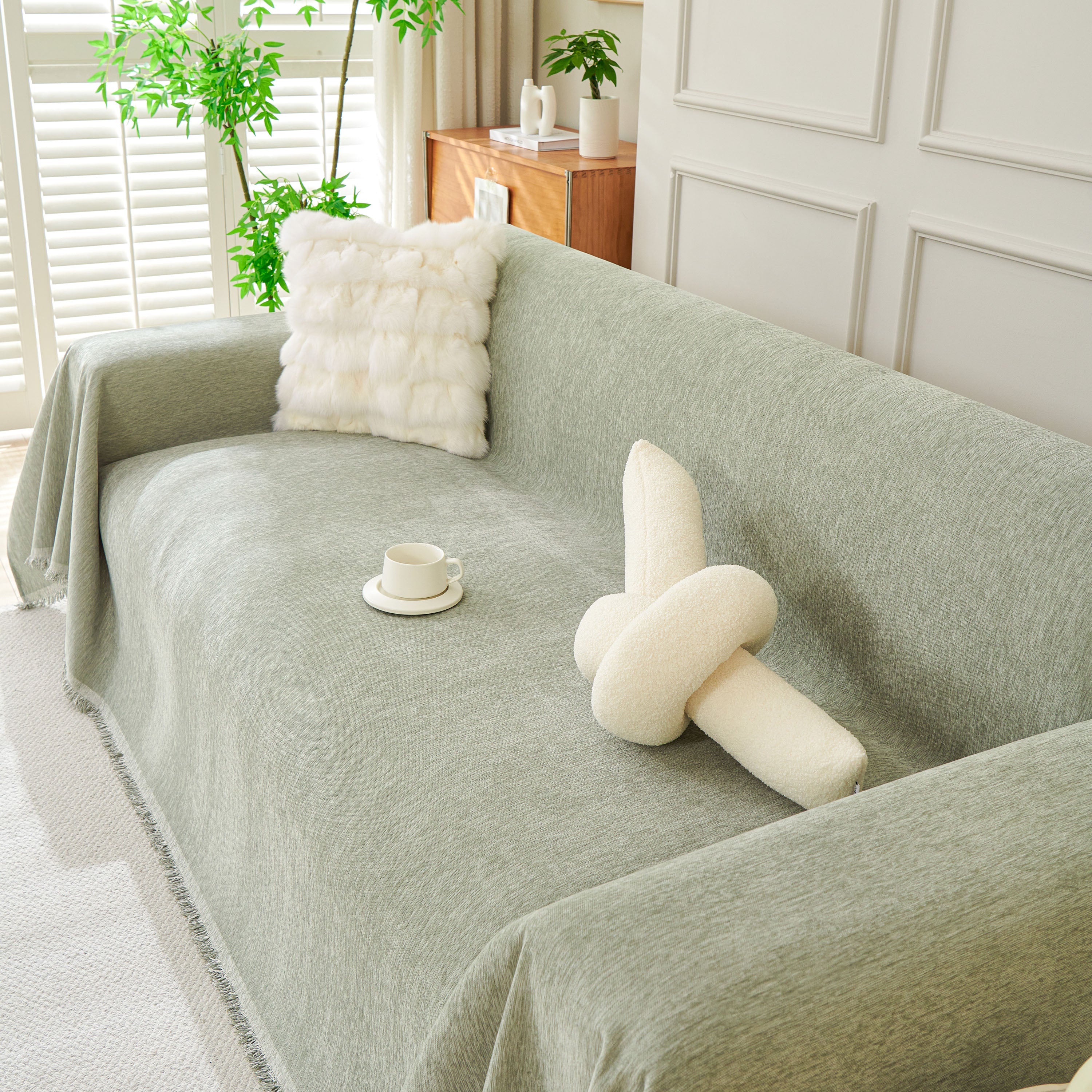 Solid Chenille Sofa Throw with Fringed Edge