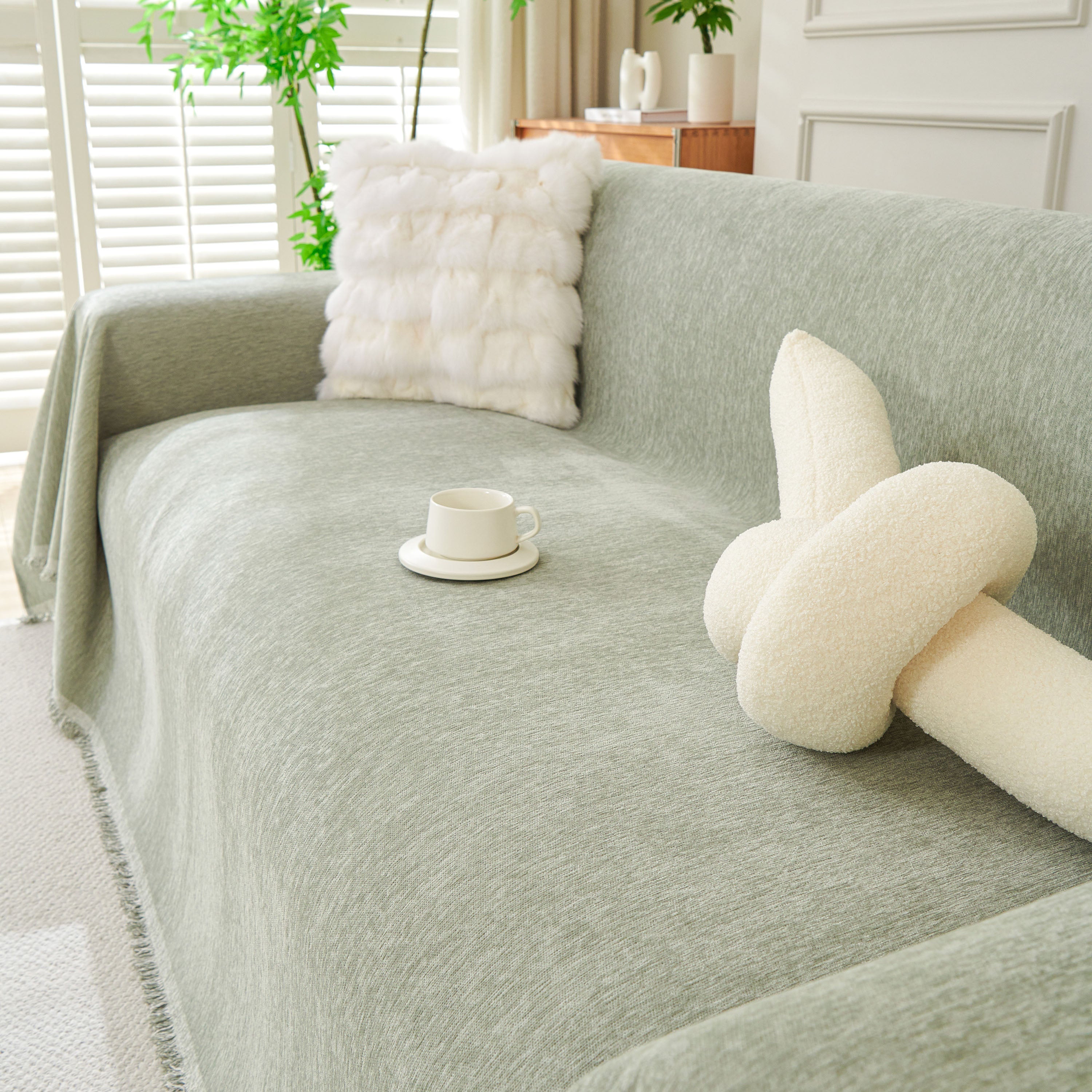 Solid Chenille Sofa Throw with Fringed Edge